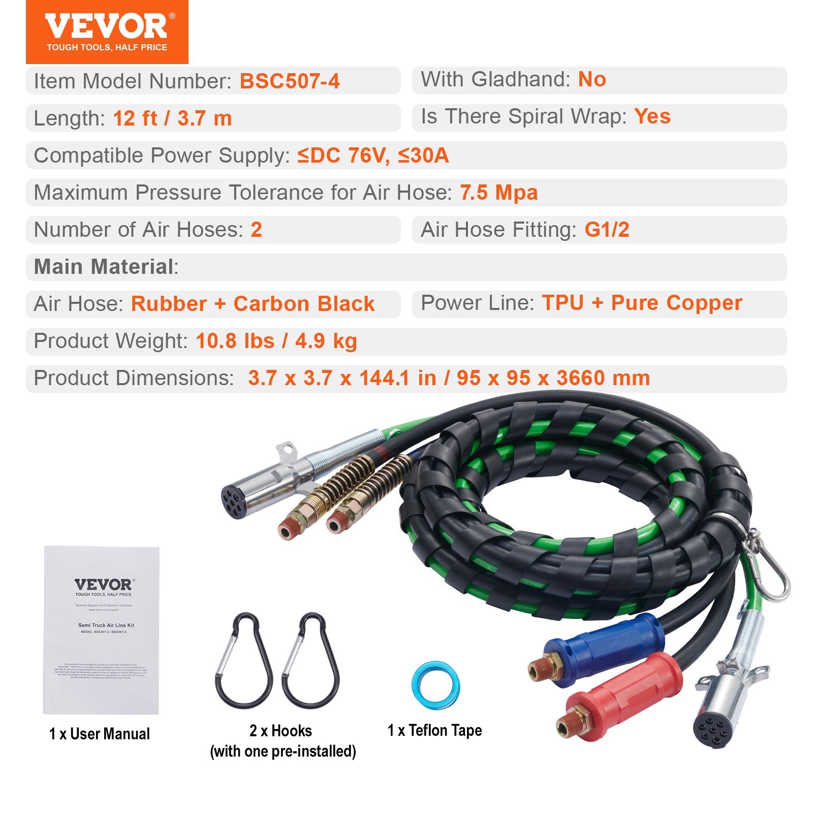 12FT Semi Truck Air Lines Kit, 3-in-1 Air Hoses & ABS Power Line for Semi Truck Trailer Tractor, 7-Way Plug Electrical Cord Cable and Rubber Air Lines Hose Assembly Kit with Hook & Teflon Tape