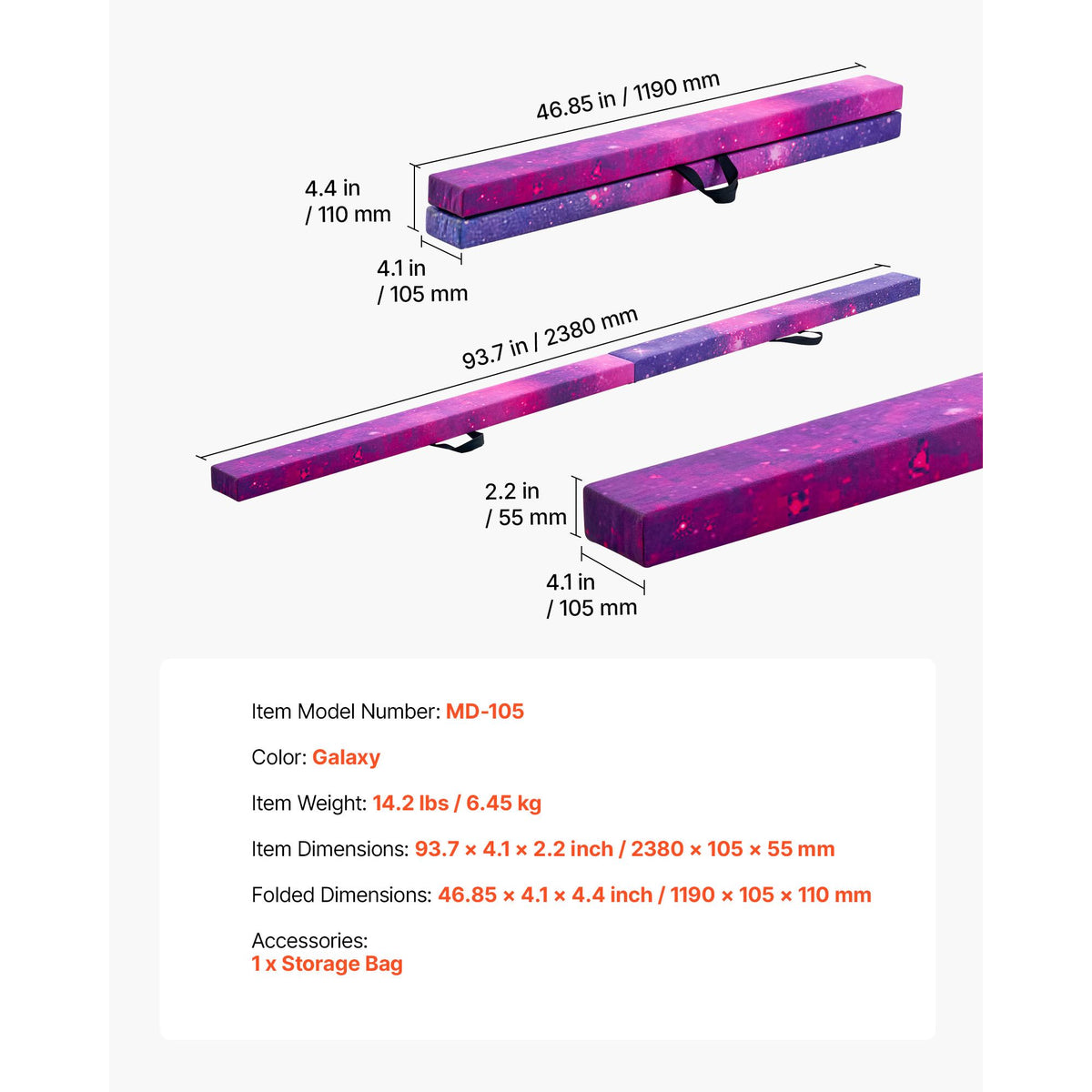 8FT Folding Balance Beam for Kids, 136.1KG Stable Support Gymnastics Floor Beam with Non-Slip Mat, Wood-Core Gymnastics Training Equipment with Anti-Slip Bottom & Carry Bag for Home Gym, Galaxy