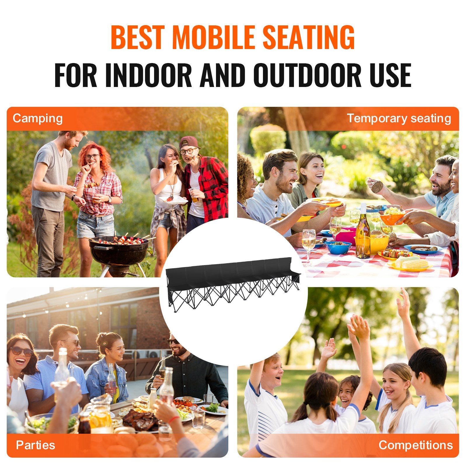 Camp Furniture: VEVOR 8 Seat Portable Folding Sport Bench Outdoor Camping Chair with Carry Bag
