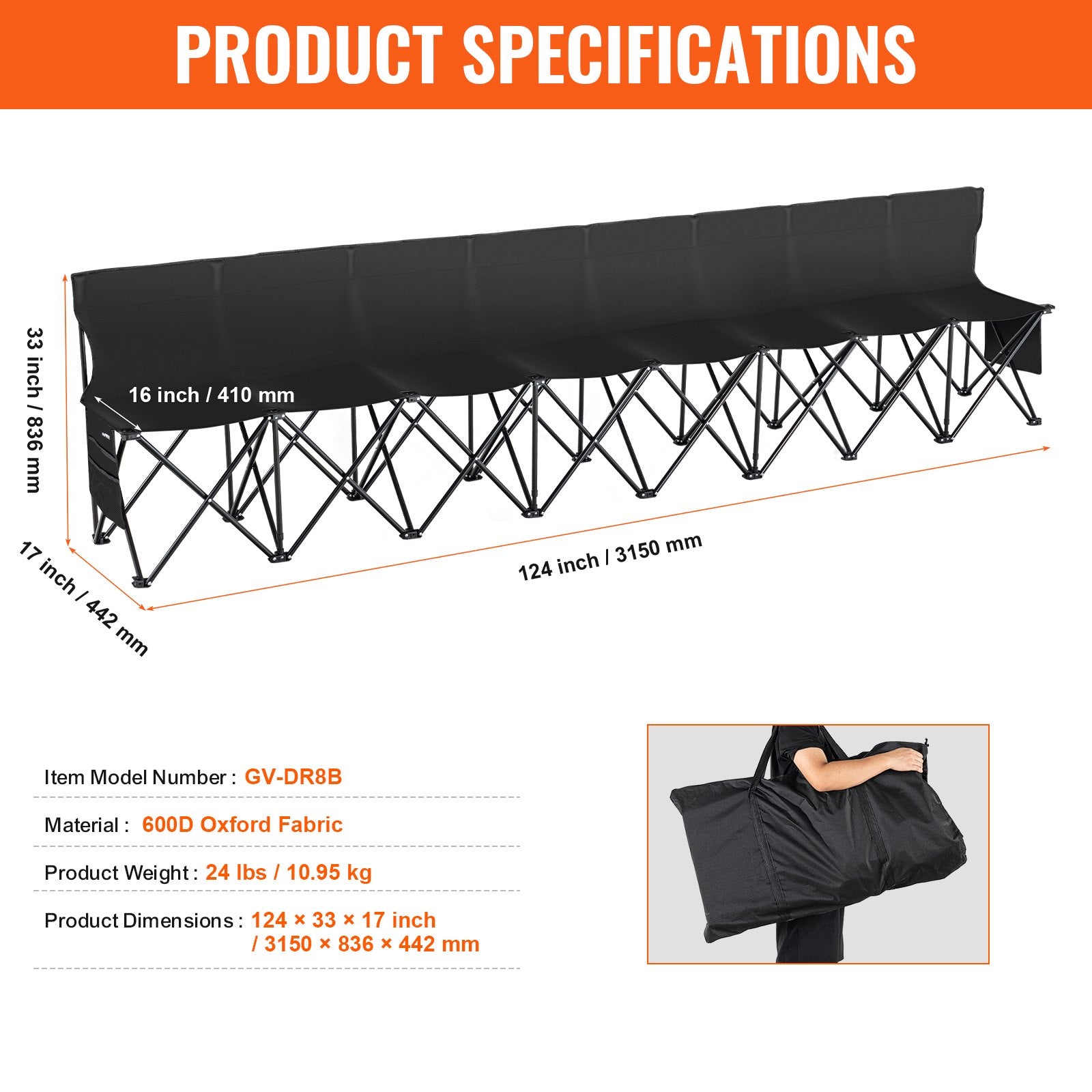 Camp Furniture: VEVOR 8 Seat Portable Folding Sport Bench Outdoor Camping Chair with Carry Bag