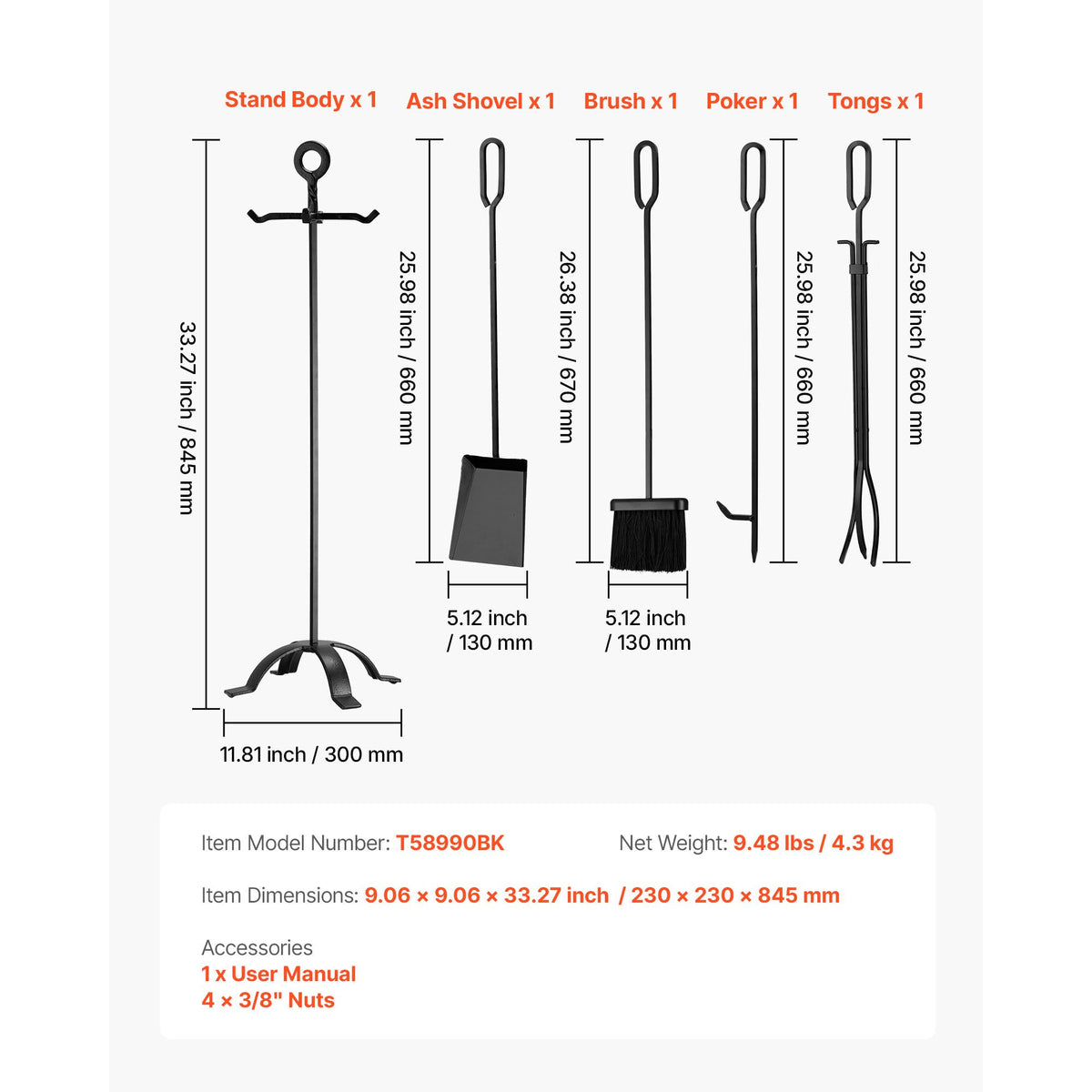Fireplace Tool Set, 5 PCS Fire Tool Set and Holder with Four-Prong Stand, Tongs, Ash Shovel, Brush, Fire Place Poker, Wrought Iron Fireplace Accessories for Campfire Indoor/Outdoor, Black