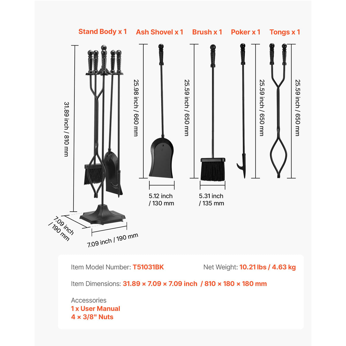 Fireplace Tool Set, 5 PCS Fire Tool Set and Holder with Five-Prong Stand, Tongs, Ash Shovel, Brush, Fire Place Poker, Wrought Iron Fireplace Accessories for Campfire Indoor/Outdoor, Black