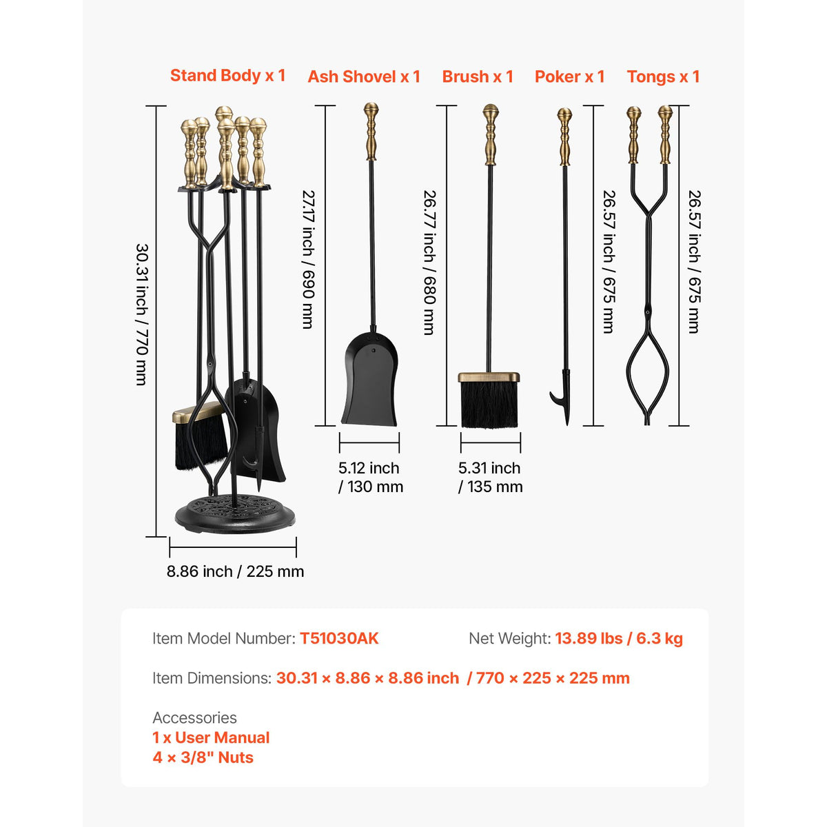 Fireplace Tool Set, 5 PCS Fire Tool Set and Holder with Five-Prong Stand, Tongs, Ash Shovel, Brush, Fire Place Poker, Wrought Iron Fireplace Accessories for Indoor/Outdoor, Black & Brass
