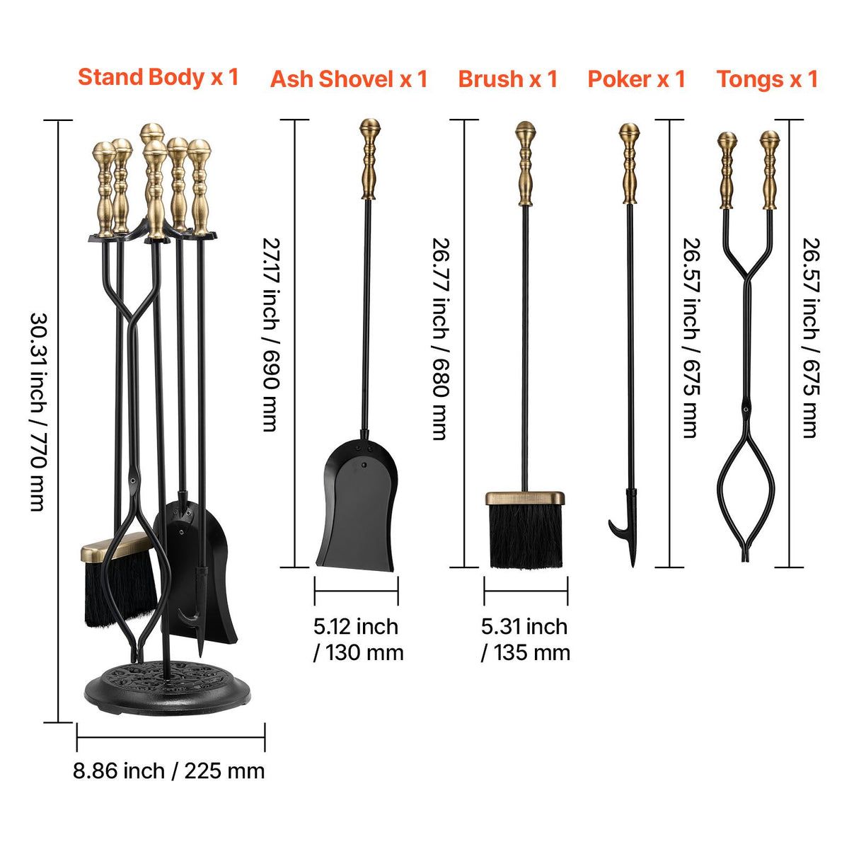Fireplace Tool Set, 5 PCS Fire Tool Set and Holder with Five-Prong Stand, Tongs, Ash Shovel, Brush, Fire Place Poker, Wrought Iron Fireplace Accessories for Indoor/Outdoor, Black & Brass