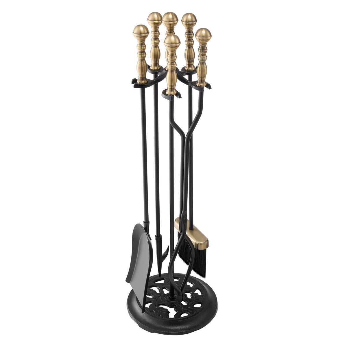 Fireplace Tool Set, 5 PCS Fire Tool Set and Holder with Five-Prong Stand, Tongs, Ash Shovel, Brush, Fire Place Poker, Wrought Iron Fireplace Accessories for Indoor/Outdoor, Black & Brass