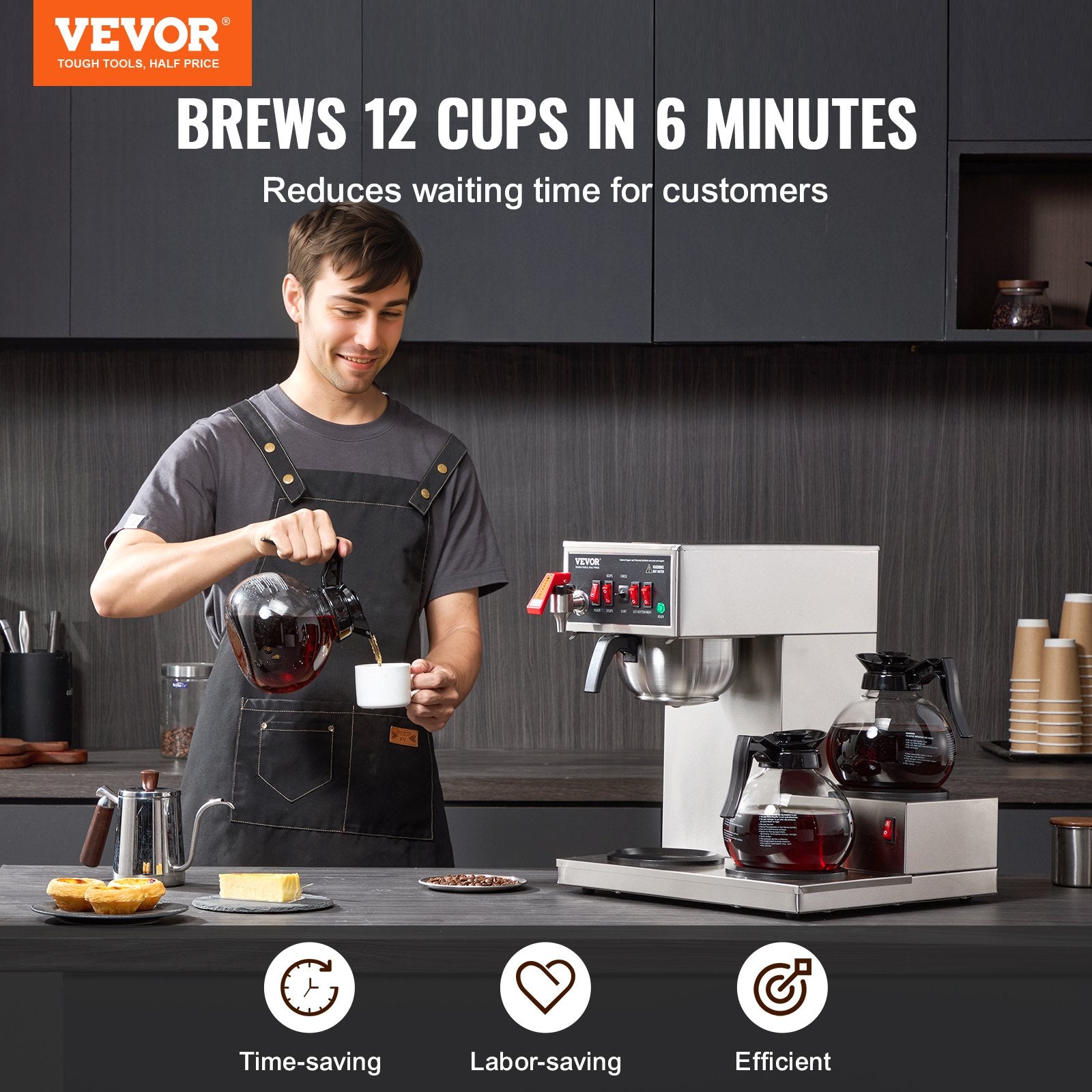 12 Cups Commercial Drip Coffee Maker with 3 Glass Carafes and 3 Warmers