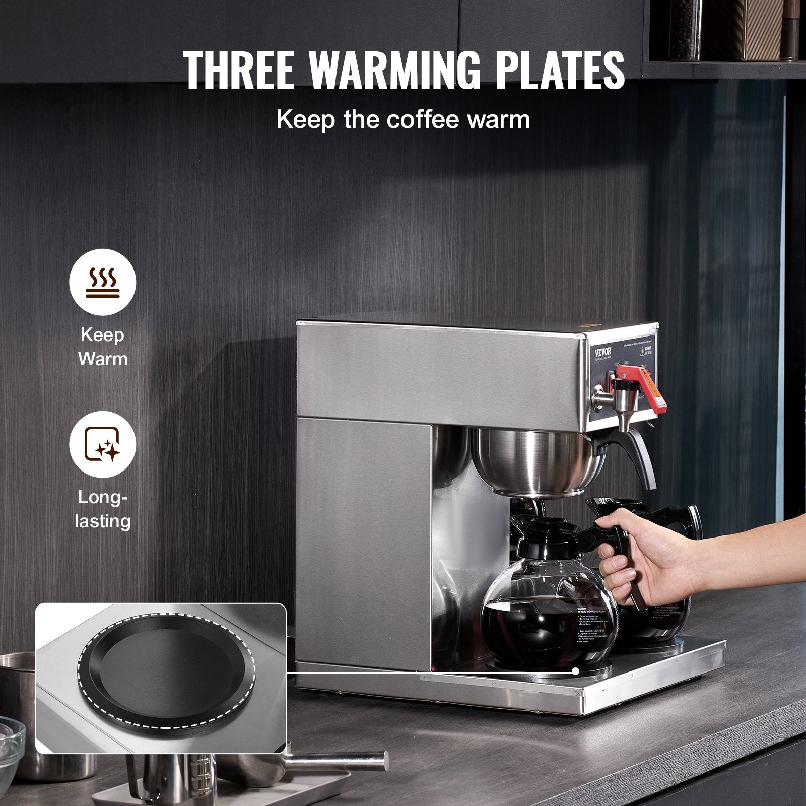 12 Cups Commercial Drip Coffee Maker with 3 Glass Carafes and 3 Warmers