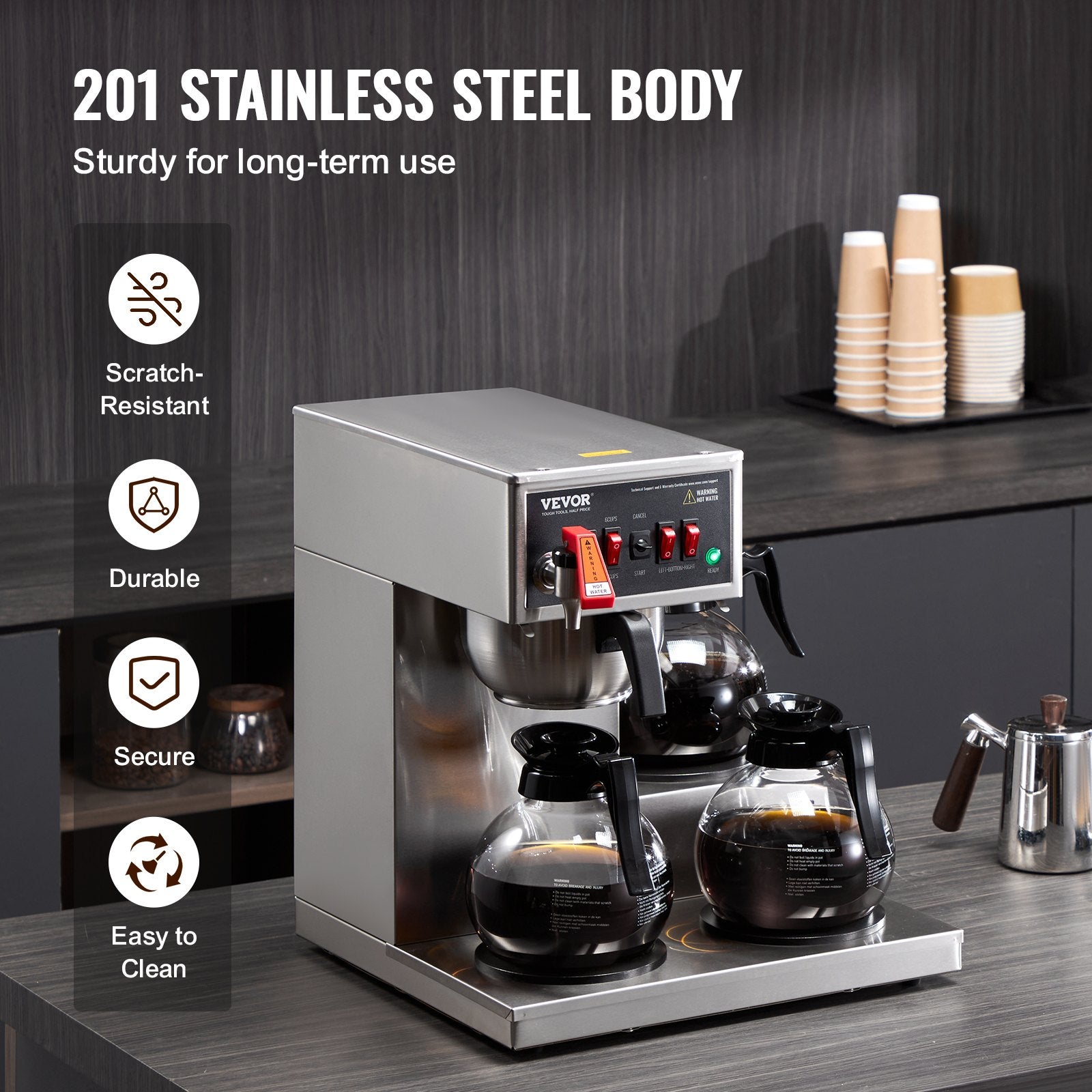 12 Cups Commercial Drip Coffee Maker with 3 Glass Carafes and 3 Warmers