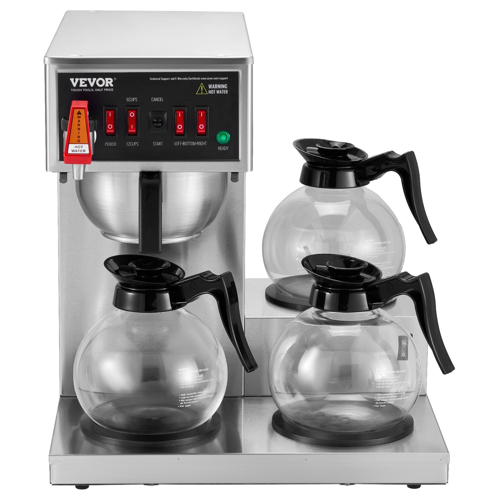 12 Cups Commercial Drip Coffee Maker with 3 Glass Carafes and 3 Warmers