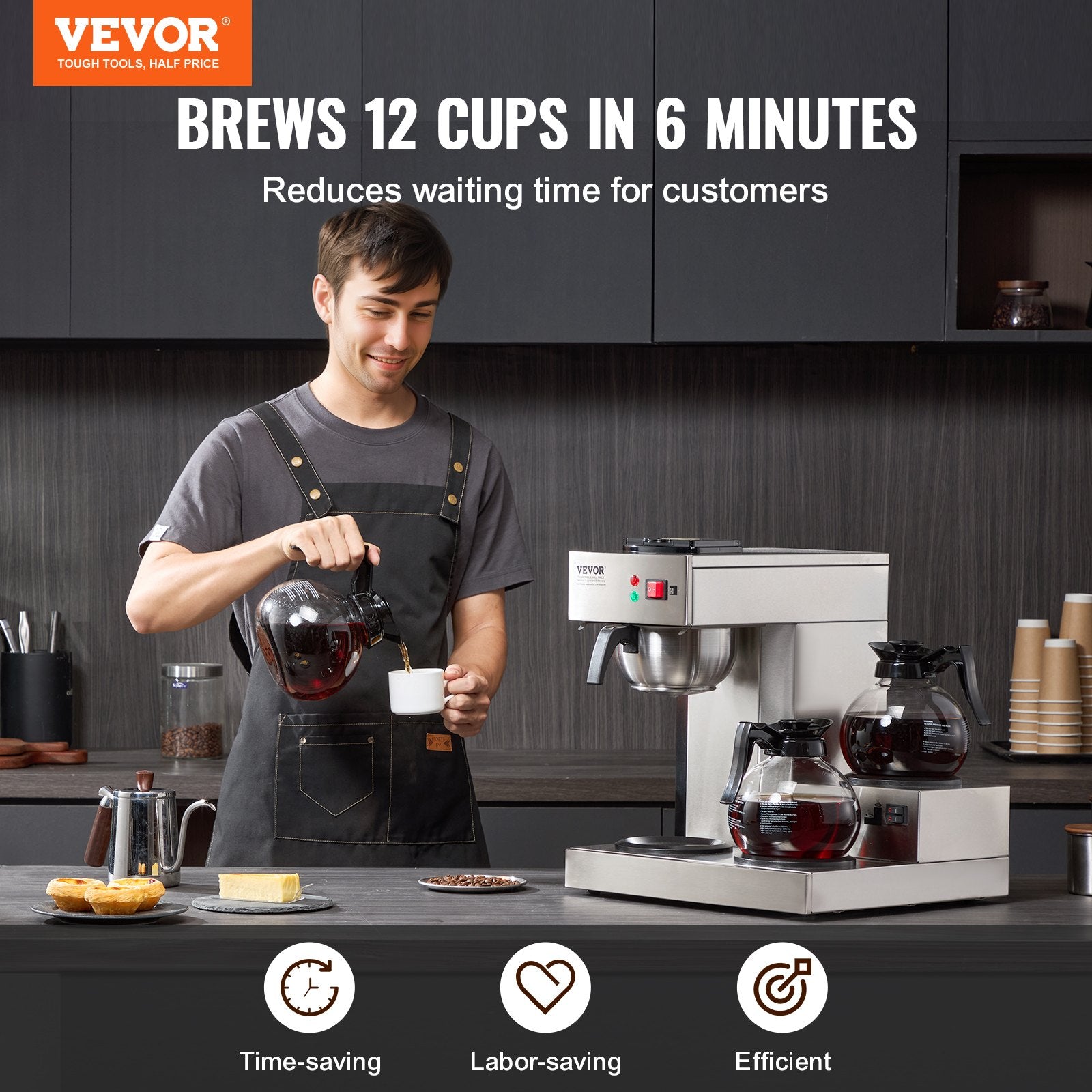 12 Cups Commercial Drip Coffee Maker with 3 Glass Carafes and 3 Warmers