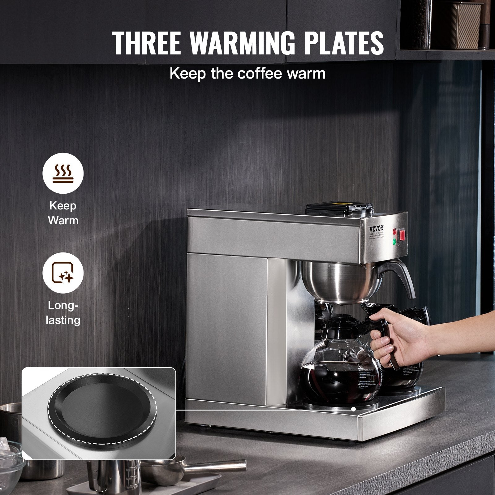 12 Cups Commercial Drip Coffee Maker with 3 Glass Carafes and 3 Warmers