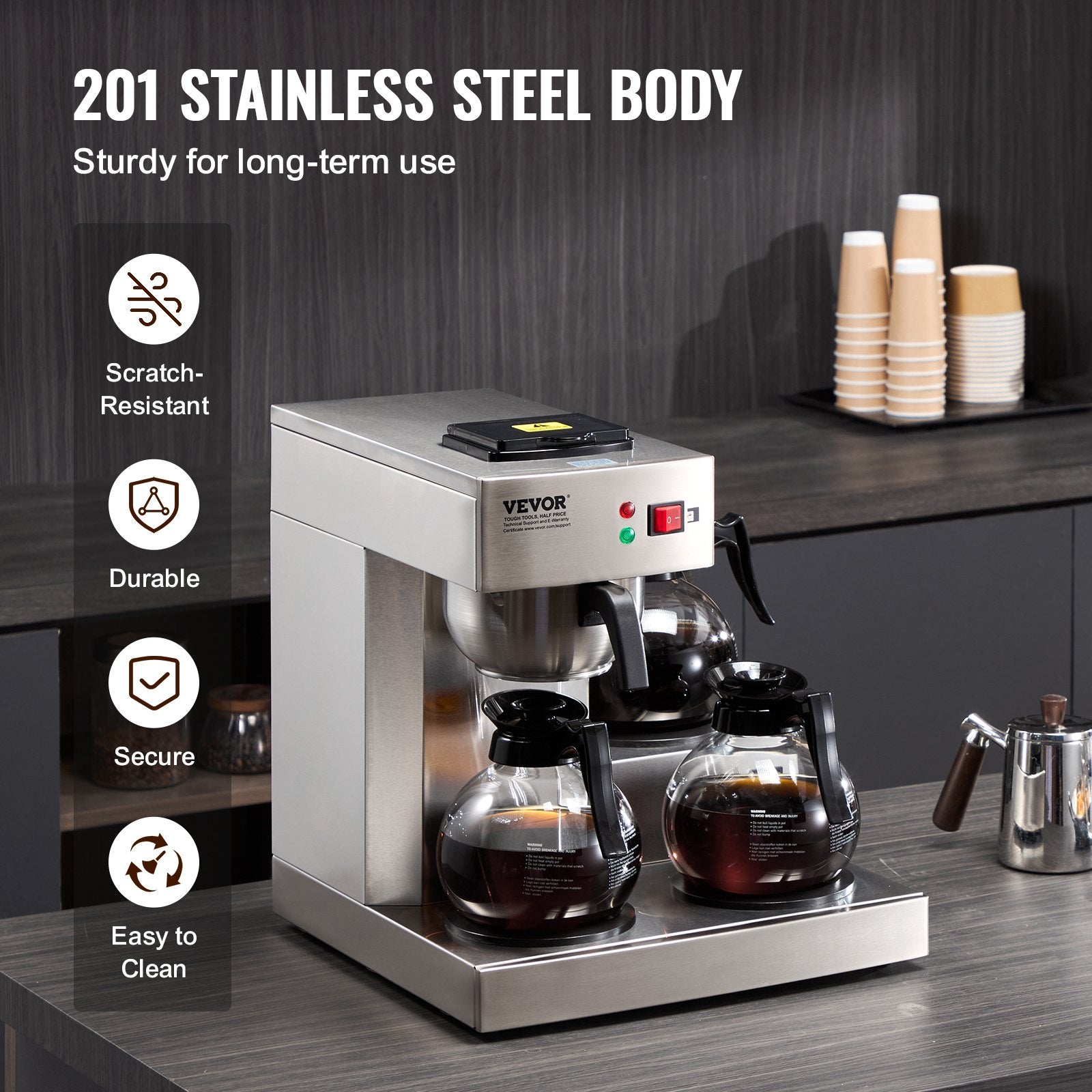 12 Cups Commercial Drip Coffee Maker with 3 Glass Carafes and 3 Warmers