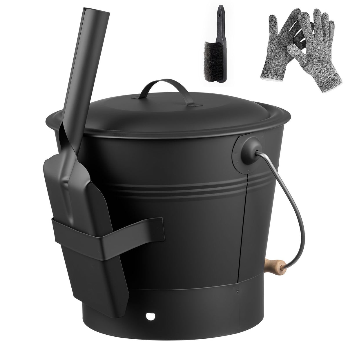 Ash Bucket, 4 PCS with Lid, Shovel, Broom and Gloves, Metal Fireplace Charcoal Bucket and Ash Can, 9.8L Large Capacity for Fireplace, Fire Pits, Wood Burning Stoves, Indoor and Outdoor