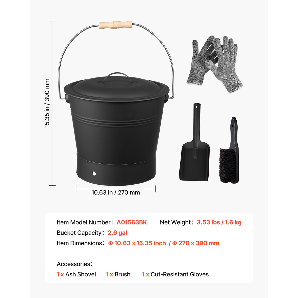Ash Bucket, 4 PCS with Lid, Shovel, Broom and Gloves, Metal Fireplace Charcoal Bucket and Ash Can, 9.8L Large Capacity for Fireplace, Fire Pits, Wood Burning Stoves, Indoor and Outdoor