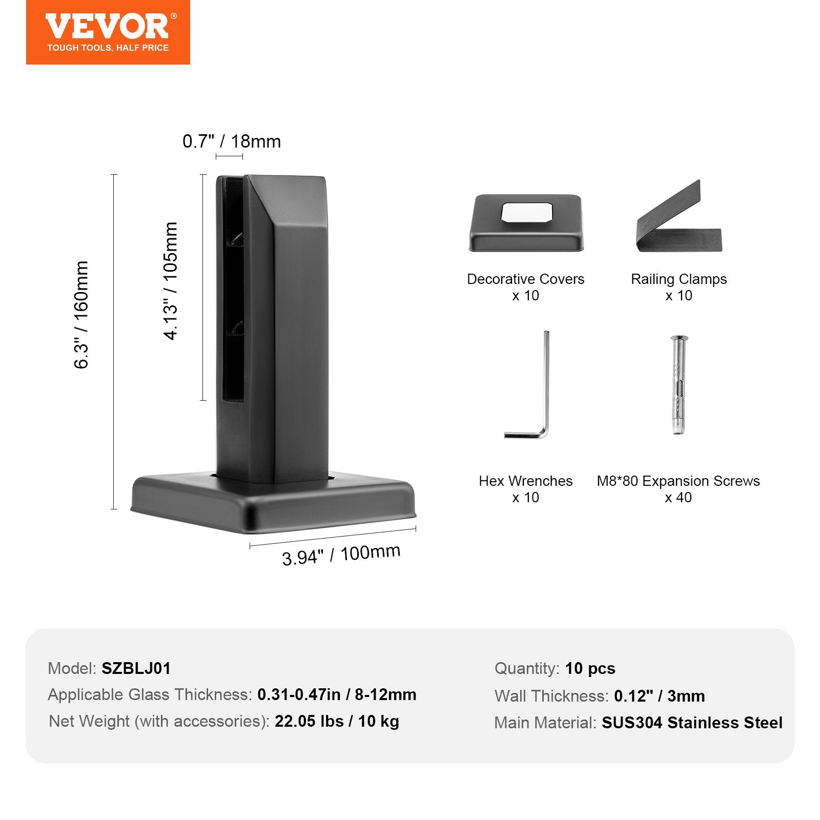 Audio Accessories: VEVOR Glass Clamp, 10 PCS Square Glass Railing Bracket for 0.31 "-0.47 " Tempered Glass, 304 Stainless Steel Glass Mounting Clamp, 0.12” Thick Glass Shelf Bracket for Balcony, Garden, Deck, Stair