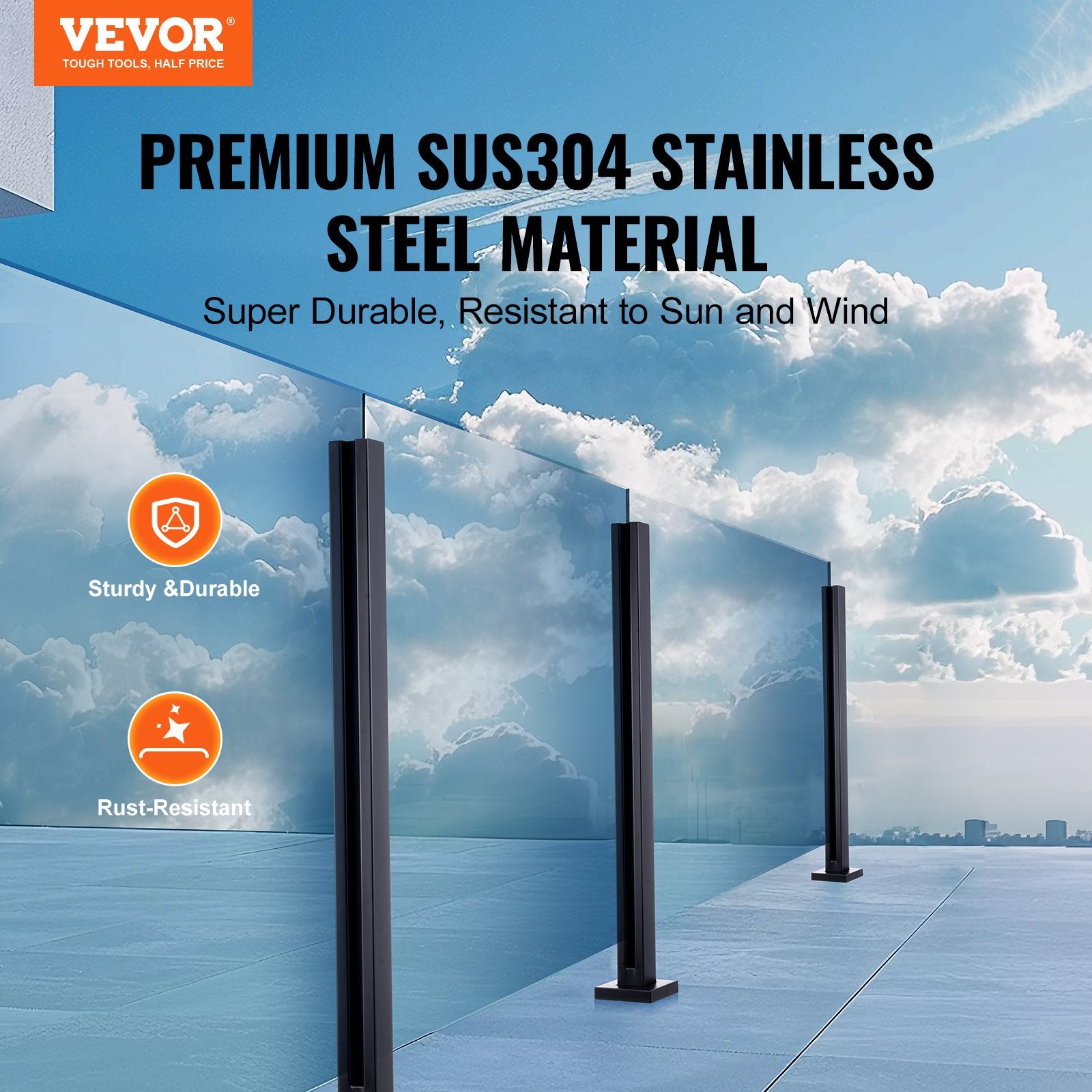 Automotive Repair & Speciality Tools: VEVOR Glass Clamp 37.4" H Railing Bracket for 0.39 "-0.47 " Glass Black Black