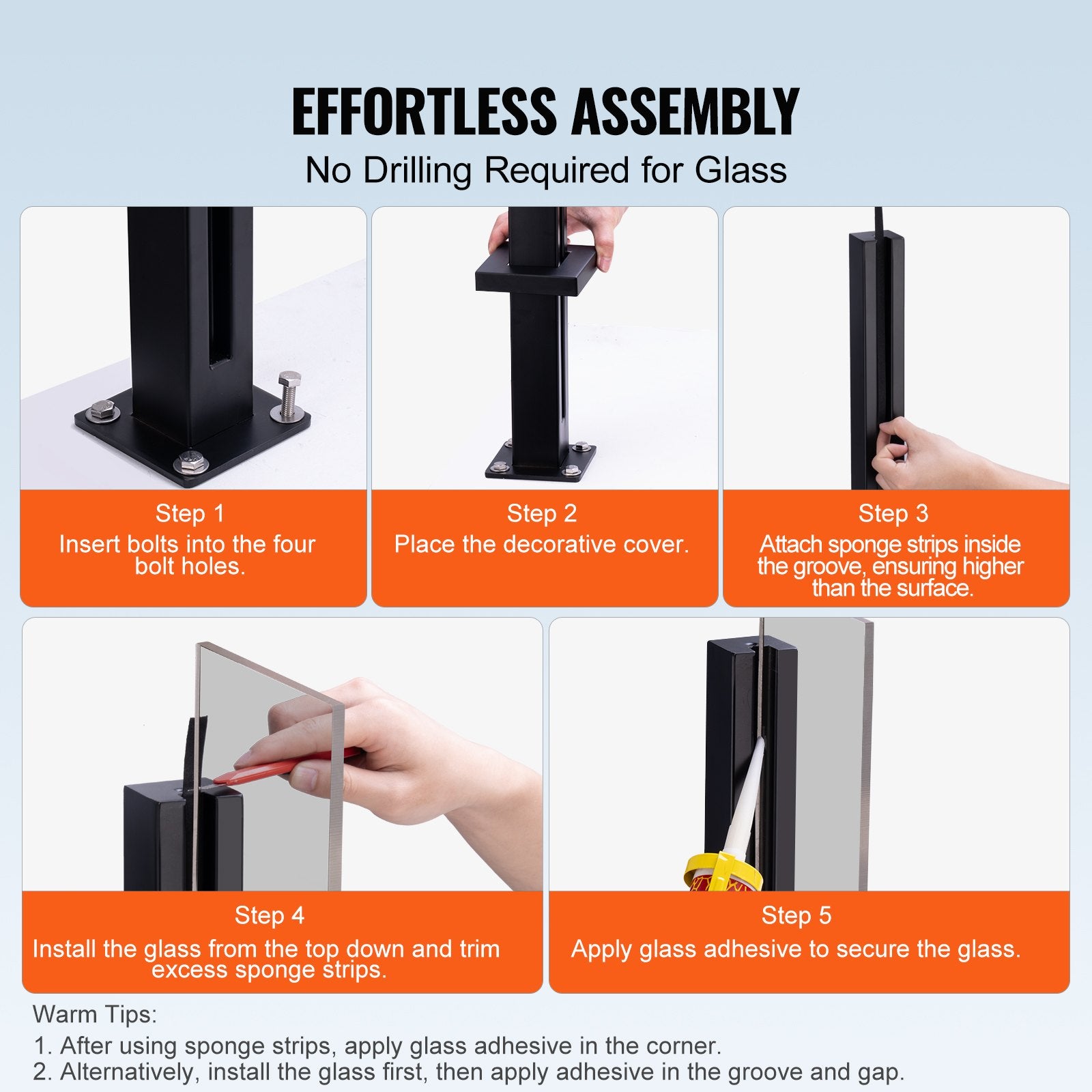 Automotive Repair & Speciality Tools: VEVOR Glass Clamp 37.4" H Railing Bracket for 0.39 "-0.47 " Glass Black Black