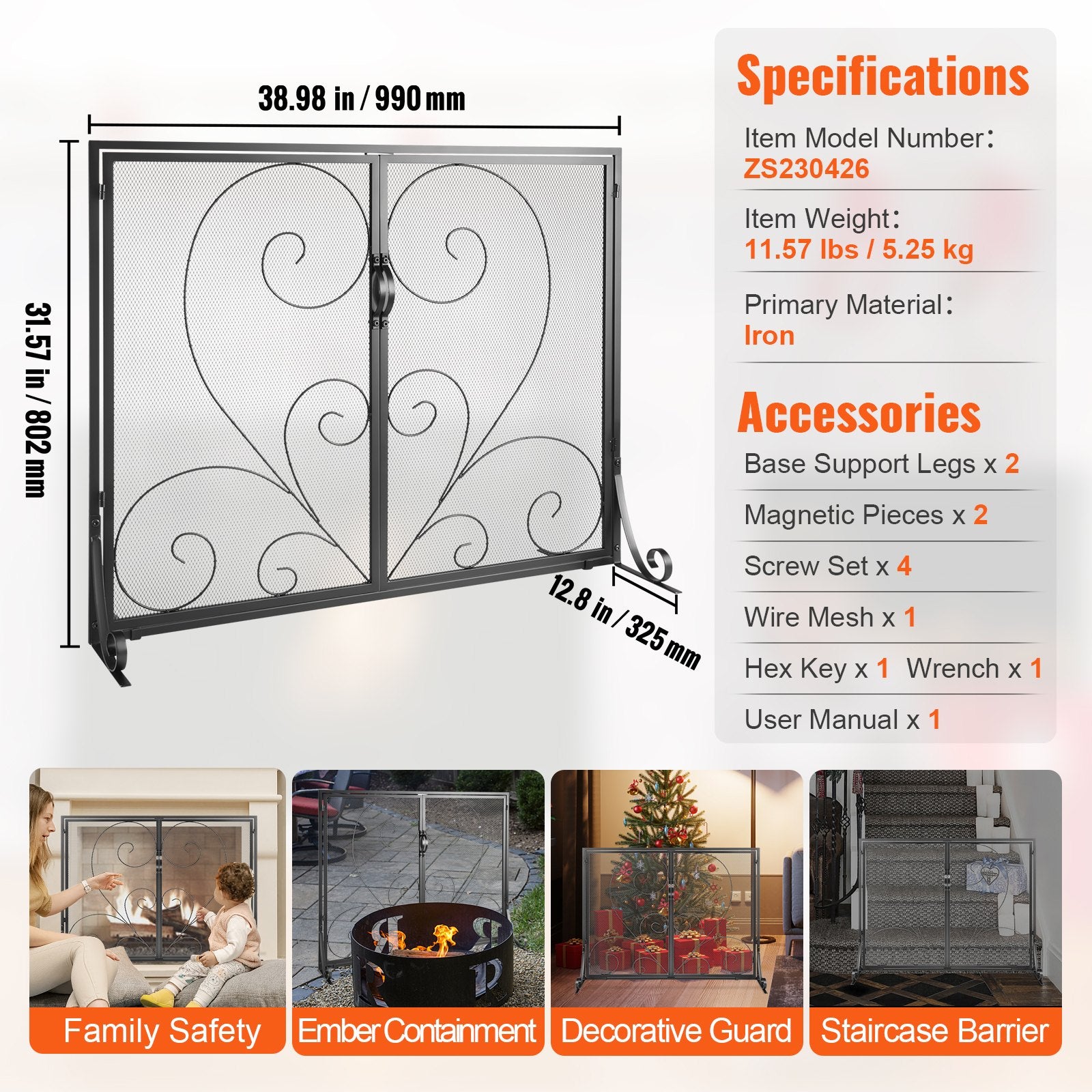 Fire Pits: VEVOR 990x802MM Fireplace Screen 2-Panel Iron Mesh Spark Guard Vintage Black