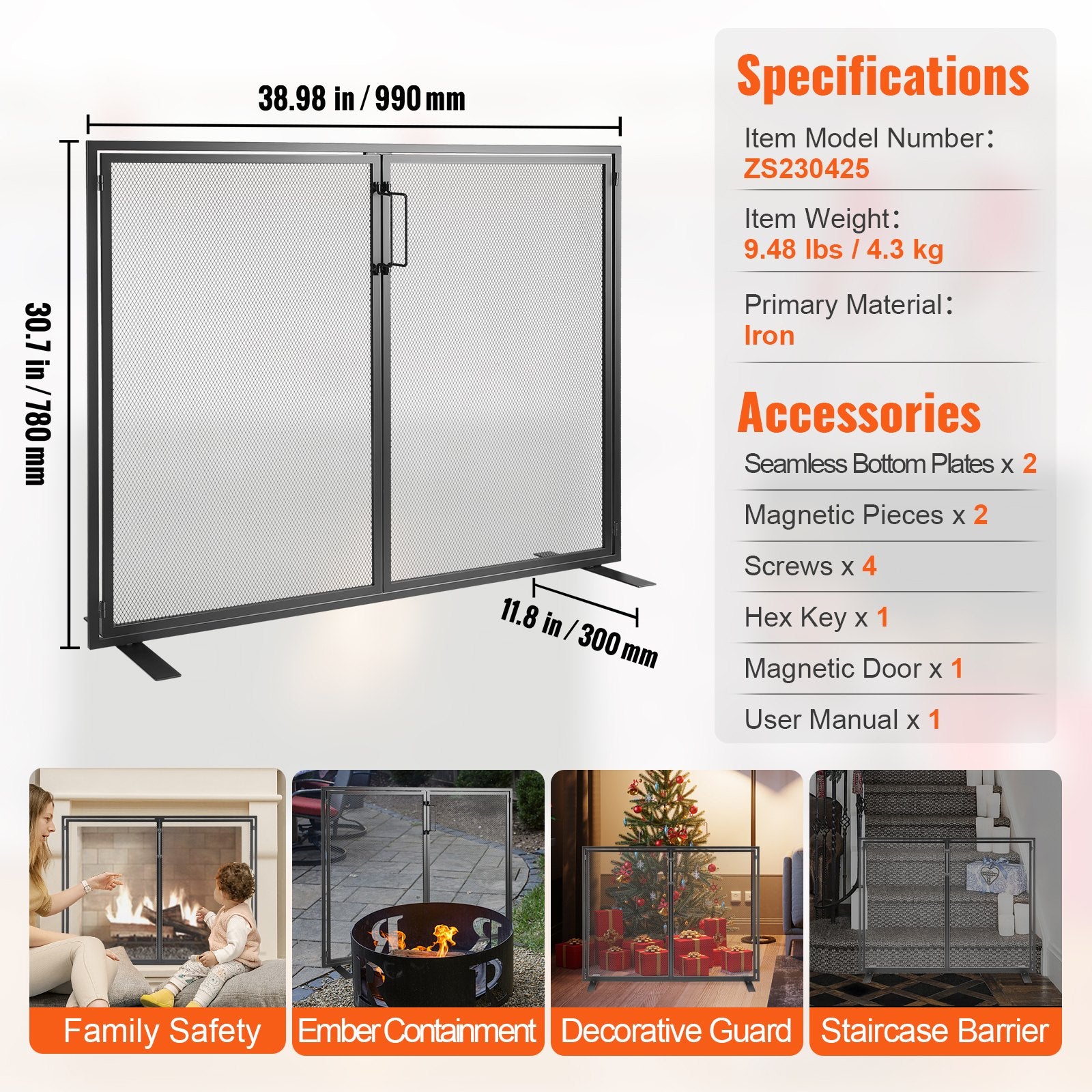 Fire Pits: VEVOR Fireplace Screen 1 Panel with Door, Sturdy Iron Mesh Fireplace Screen, 990(L) x780(H)MM Spark Guard Cover, Simple Installation, Free Standing Fire Fence Grate for Living Room Home Decor Modern