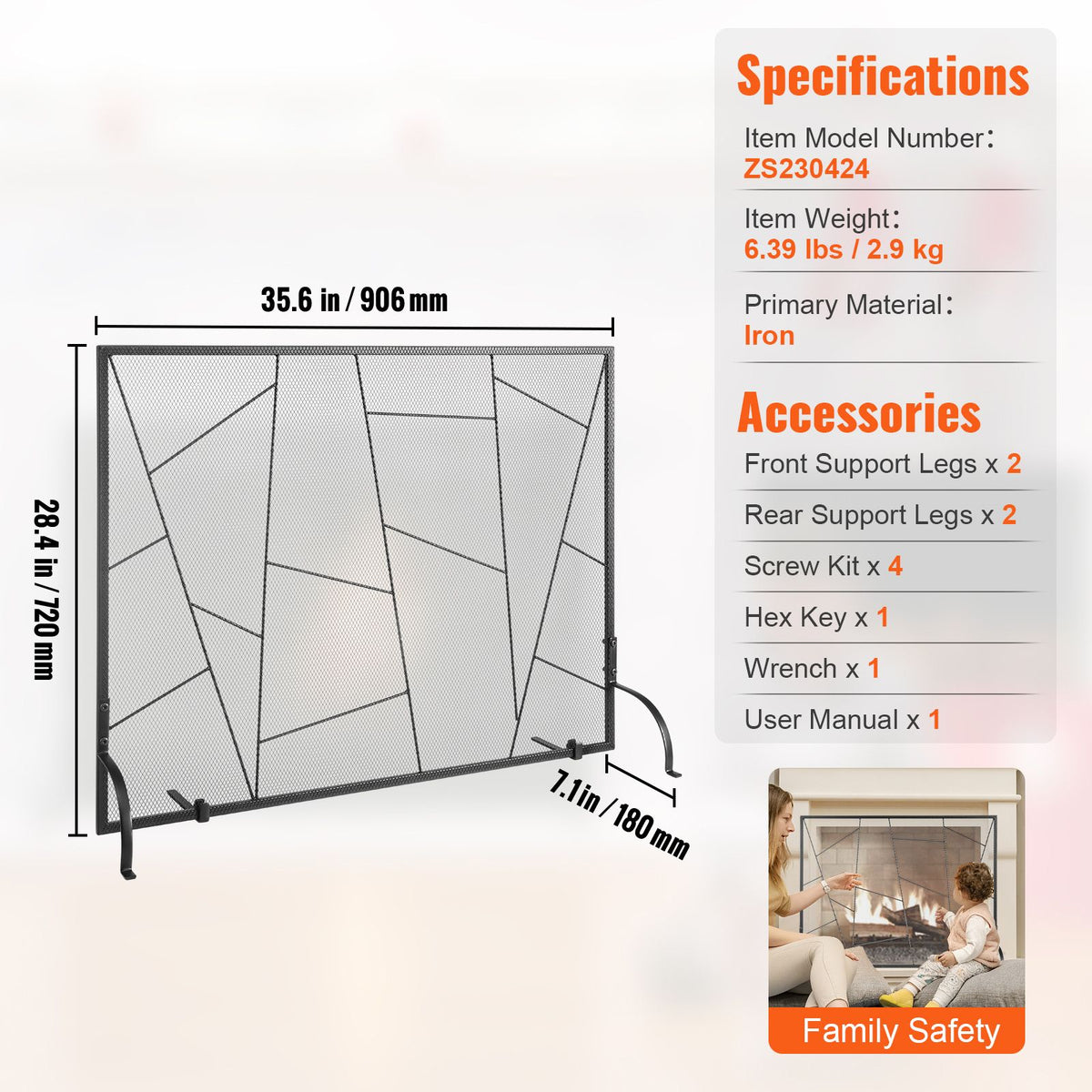 Fireplace Screen Single Panel, Sturdy Iron Mesh Fireplace Screen, 906(L) x720(H)MM Spark Guard Cover, Simple Installation, Free Standing Fire Fence Grate for Living Room Home Decor Modern