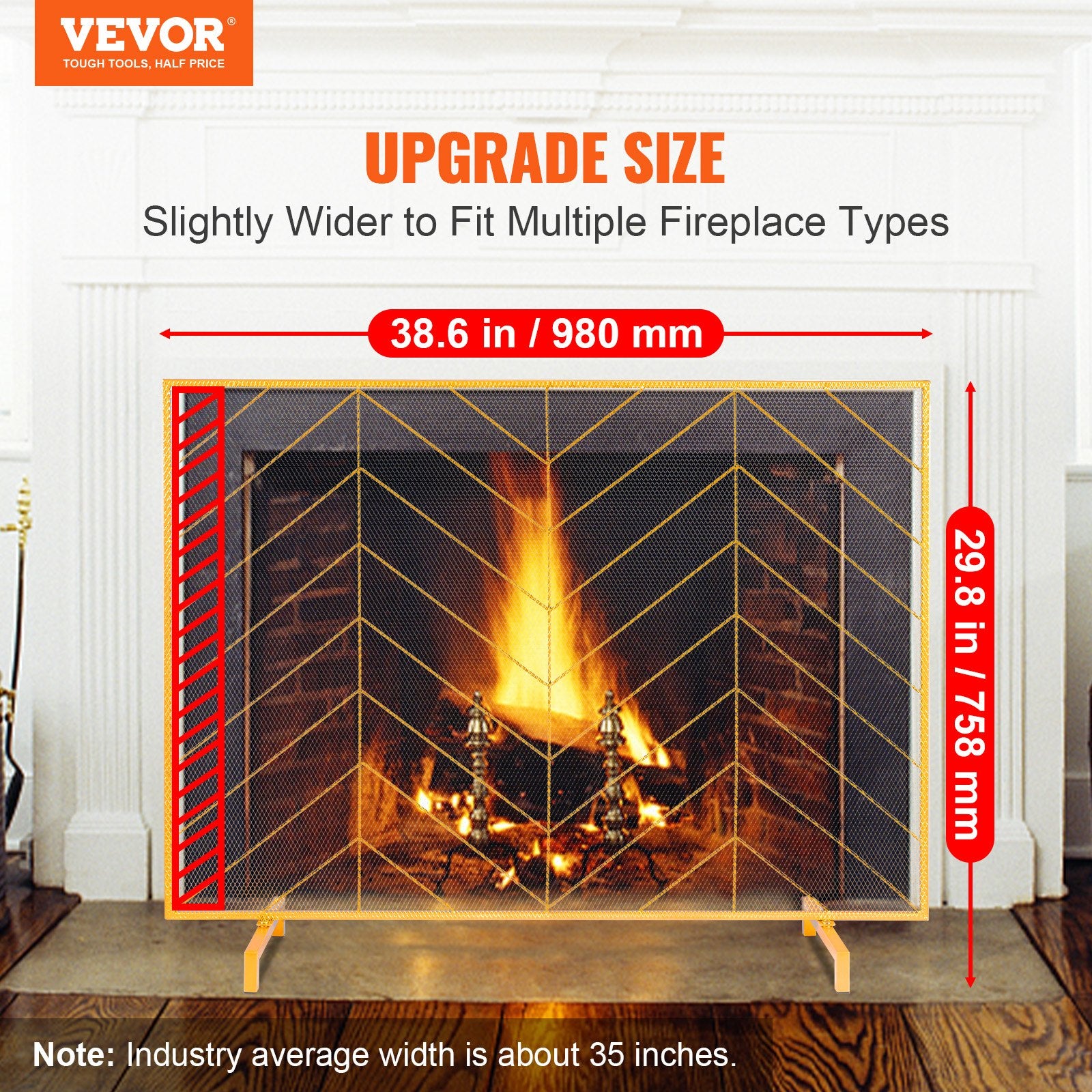 Fire Pits: VEVOR 980x758MM Fireplace Screen 1-Panel Iron Mesh Spark Guard Modern Gold