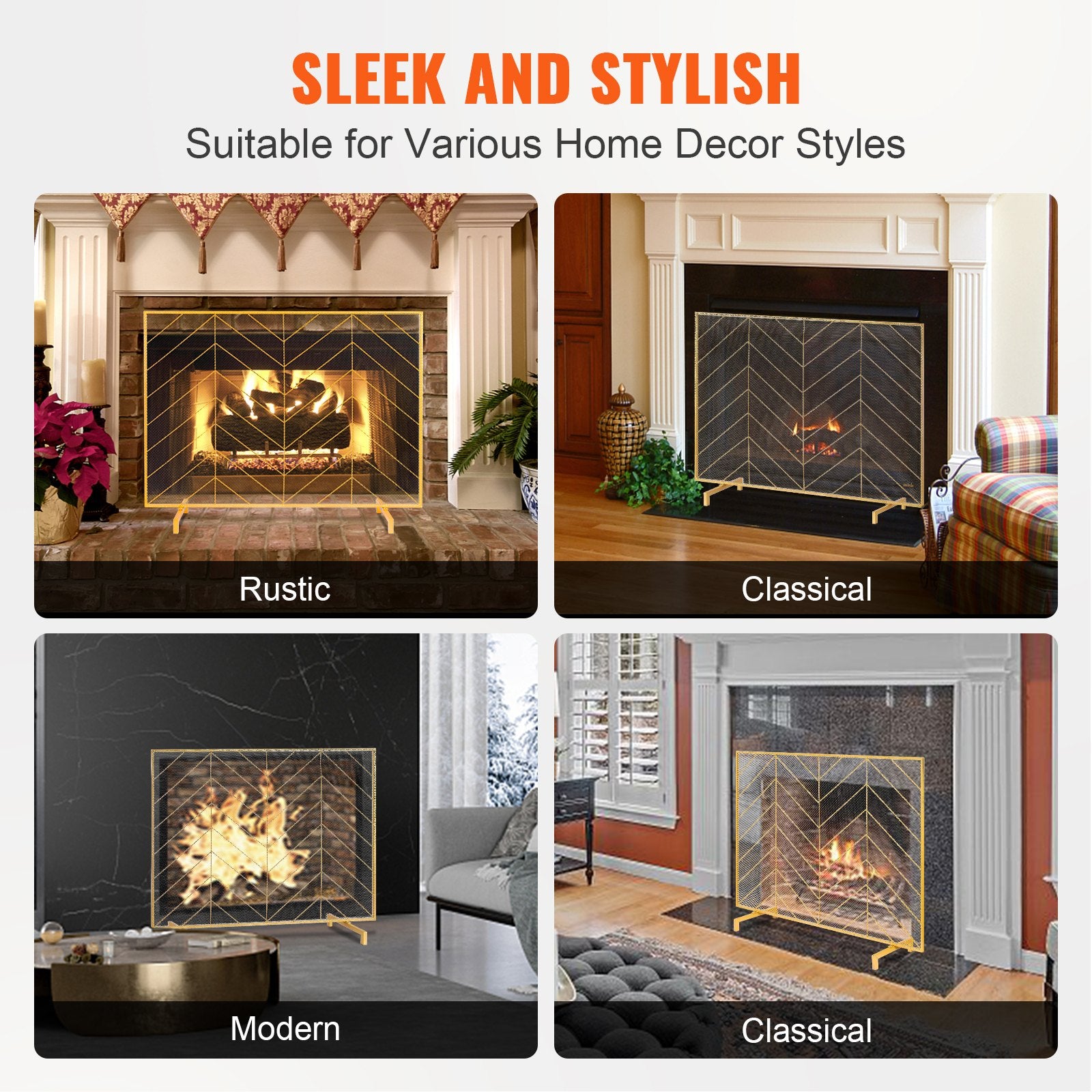 Fire Pits: VEVOR 980x758MM Fireplace Screen 1-Panel Iron Mesh Spark Guard Modern Gold