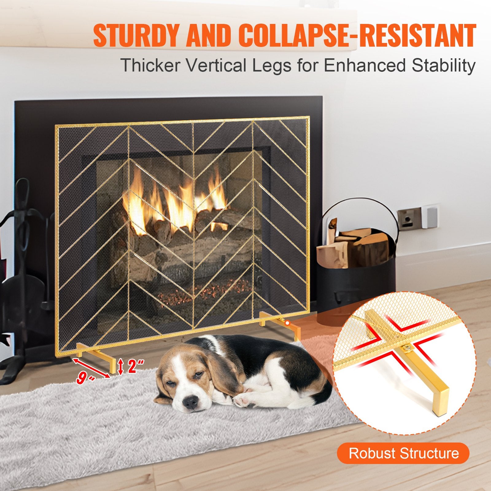 Fire Pits: VEVOR 980x758MM Fireplace Screen 1-Panel Iron Mesh Spark Guard Modern Gold
