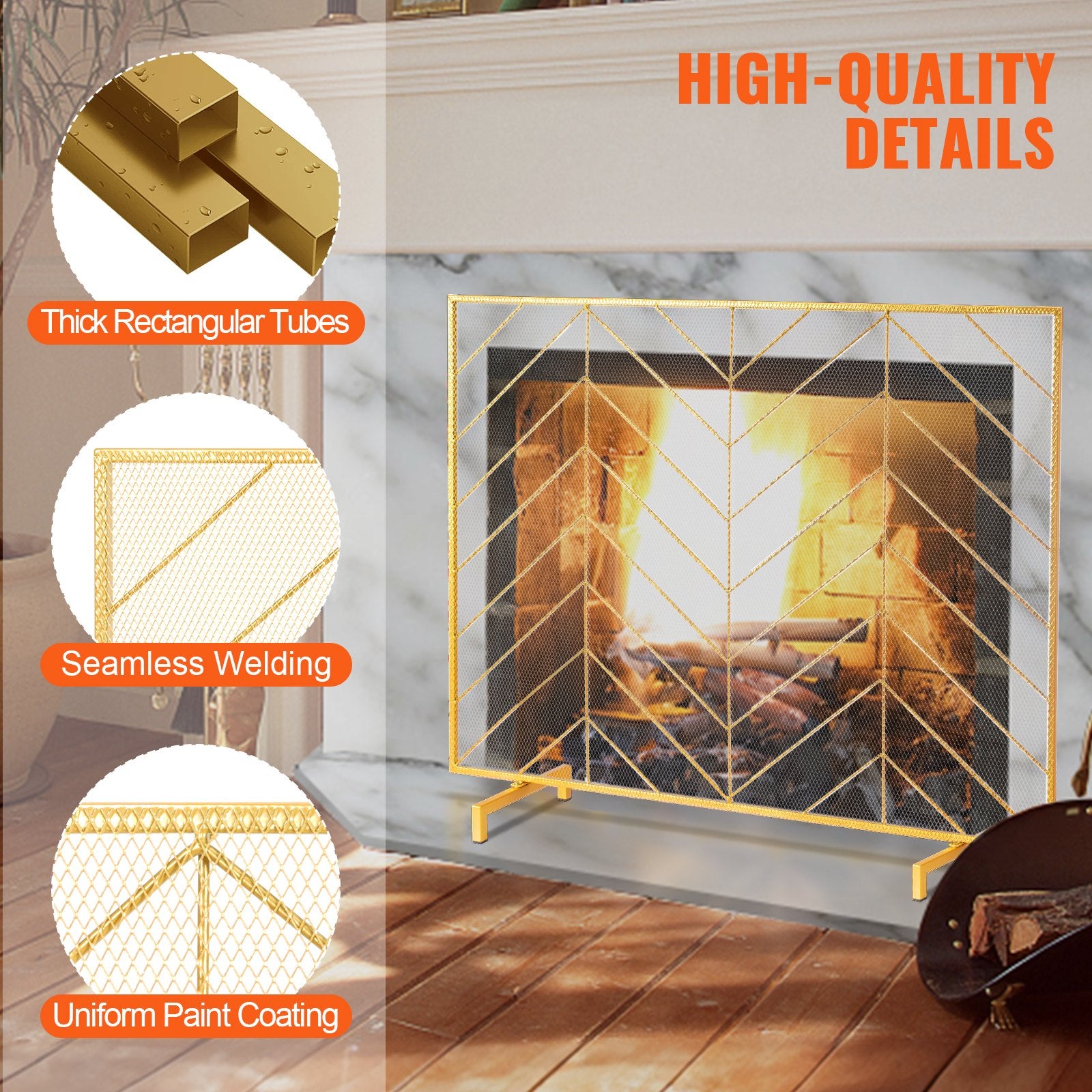 Fire Pits: VEVOR 980x758MM Fireplace Screen 1-Panel Iron Mesh Spark Guard Modern Gold