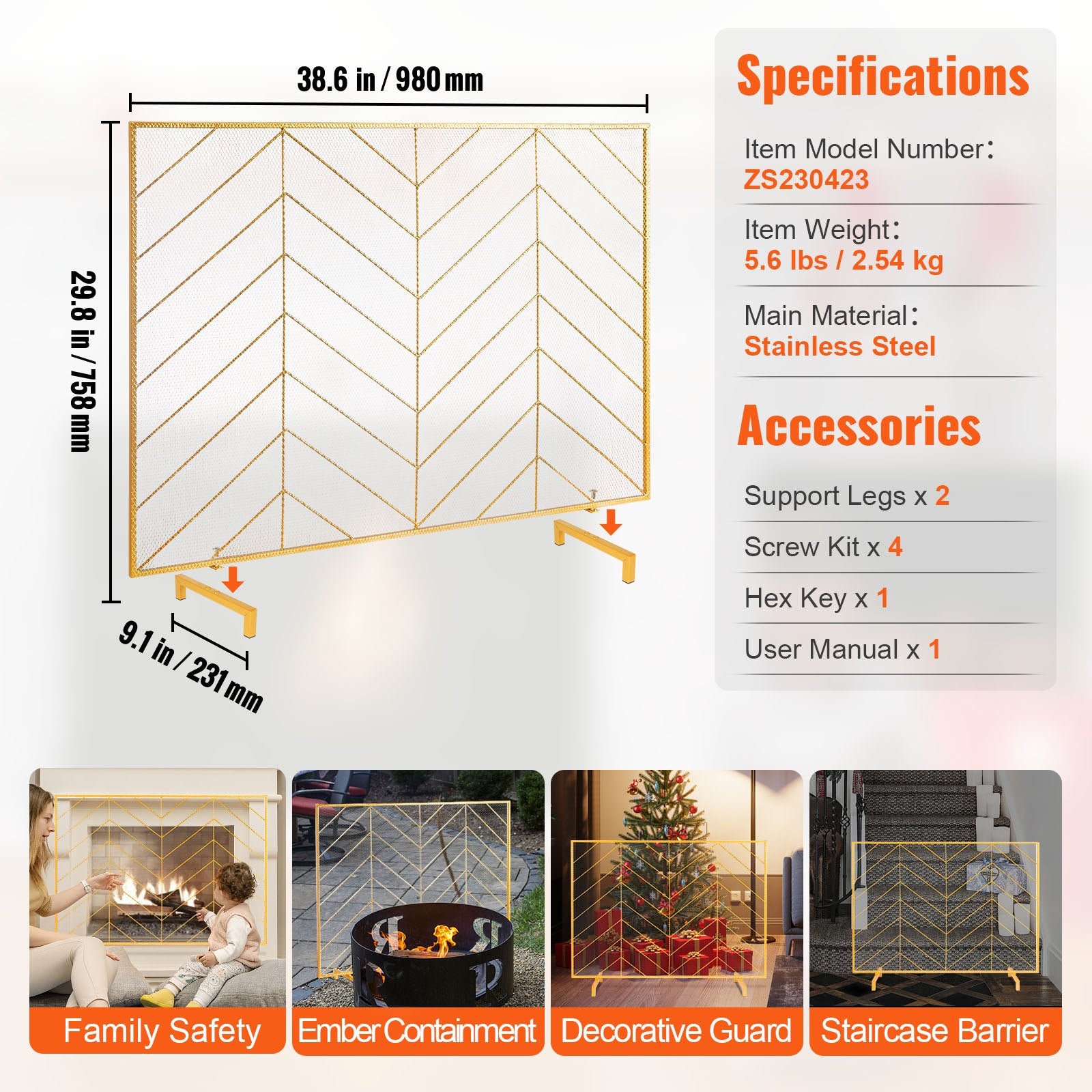 Fire Pits: VEVOR 980x758MM Fireplace Screen 1-Panel Iron Mesh Spark Guard Modern Gold