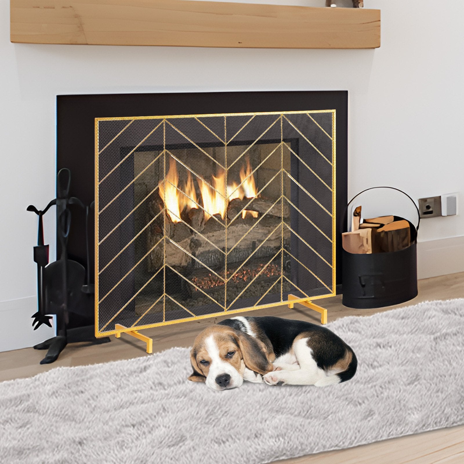 Fire Pits: VEVOR 980x758MM Fireplace Screen 1-Panel Iron Mesh Spark Guard Modern Gold