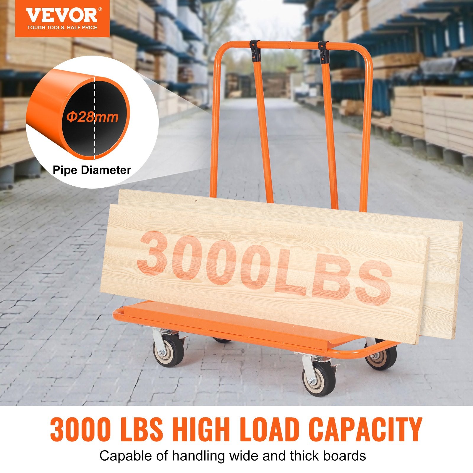 Drywall Cart, 3000 LBS Panel Dolly Cart with 45.28" x 21.8" Deck and 5" Swivel Wheels, Heavy-Duty Drywall Sheet Cart, Handling Wall Panel, Sheetrock, Lumber, for Garage, Home, Warehouse