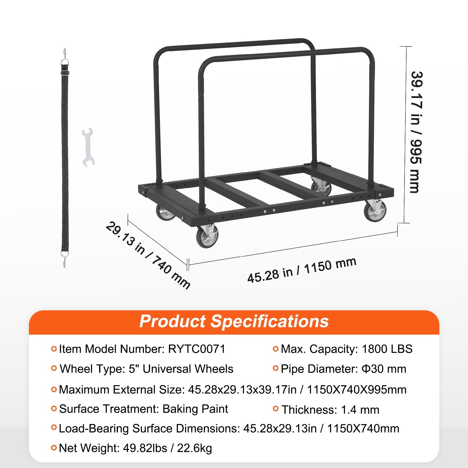 Side Tables: VEVOR Drywall Cart, 1800 LBS Panel Dolly Cart with 45.28" x 29.13" Deck and 5" Swivel Wheels, Heavy-Duty Drywall Sheet Cart, Handling Wall Panel, Sheetrock, Lumber, for Garage, Home, Warehouse