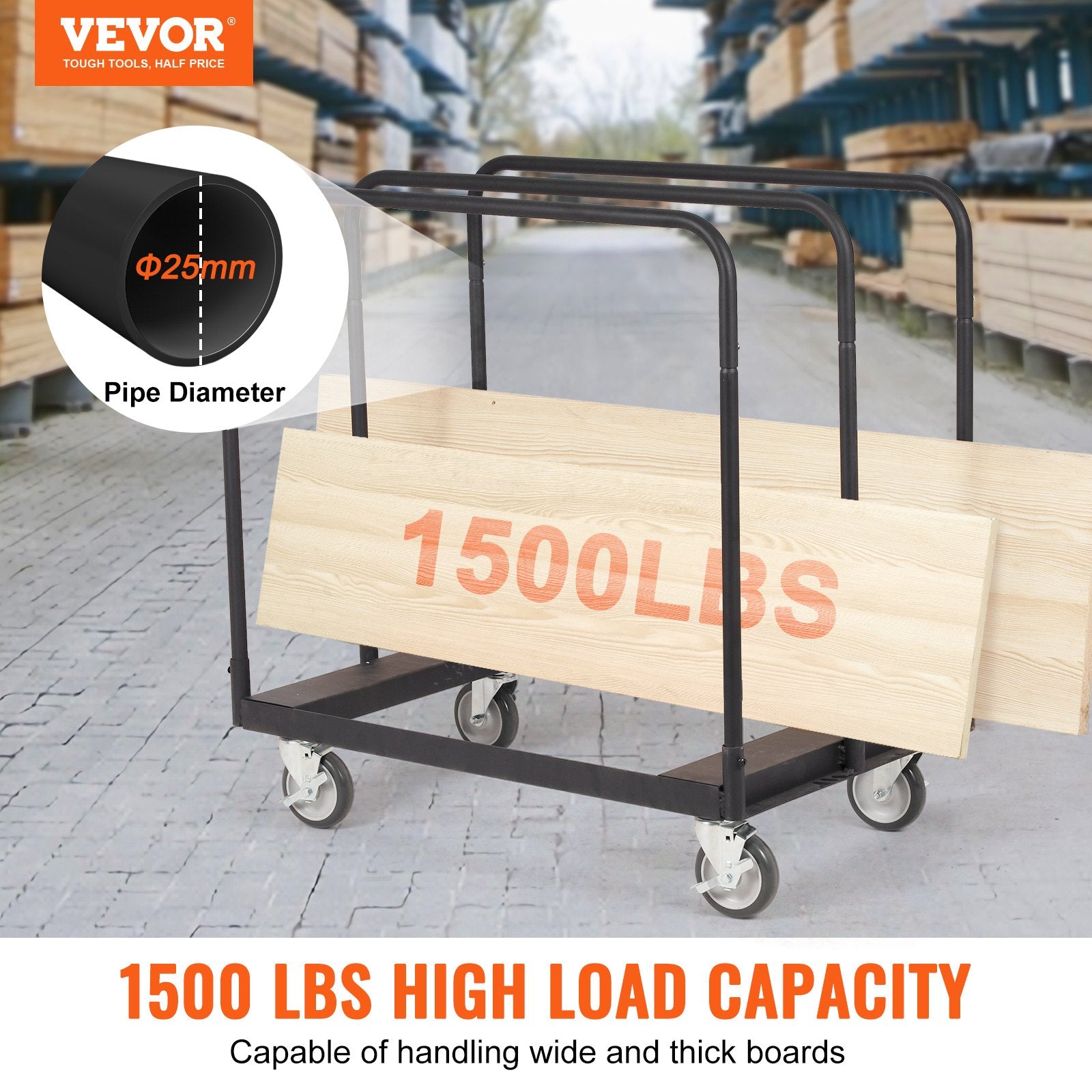 Drywall Cart, 1500 LBS Panel Dolly Cart with 36.02" x 24.02" Deck and 5" Swivel Wheels, Heavy-Duty Drywall Sheet Cart, Handling Wall Panel, Sheetrock, Lumber, for Garage, Home, Warehouse
