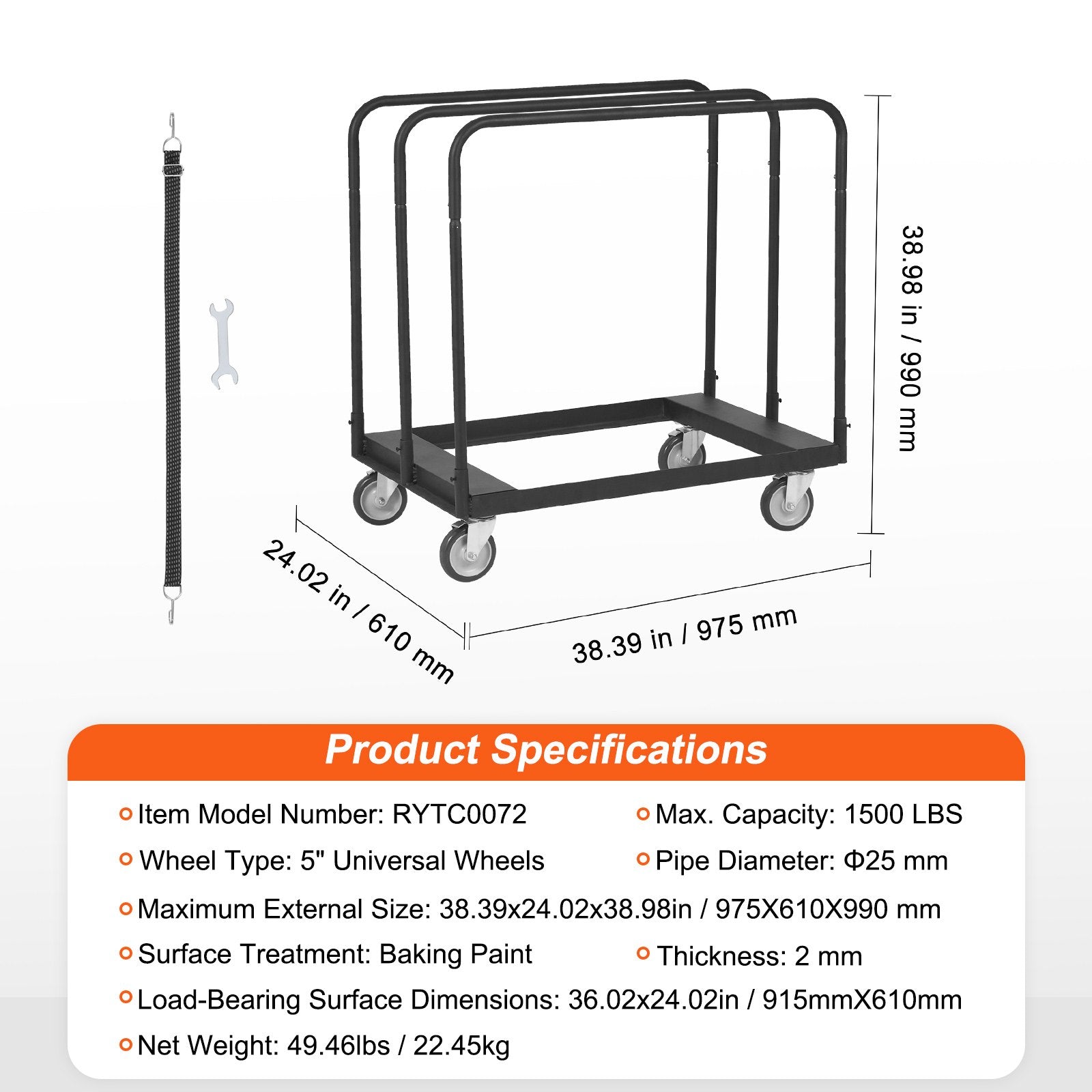 Drywall Cart, 1500 LBS Panel Dolly Cart with 36.02" x 24.02" Deck and 5" Swivel Wheels, Heavy-Duty Drywall Sheet Cart, Handling Wall Panel, Sheetrock, Lumber, for Garage, Home, Warehouse