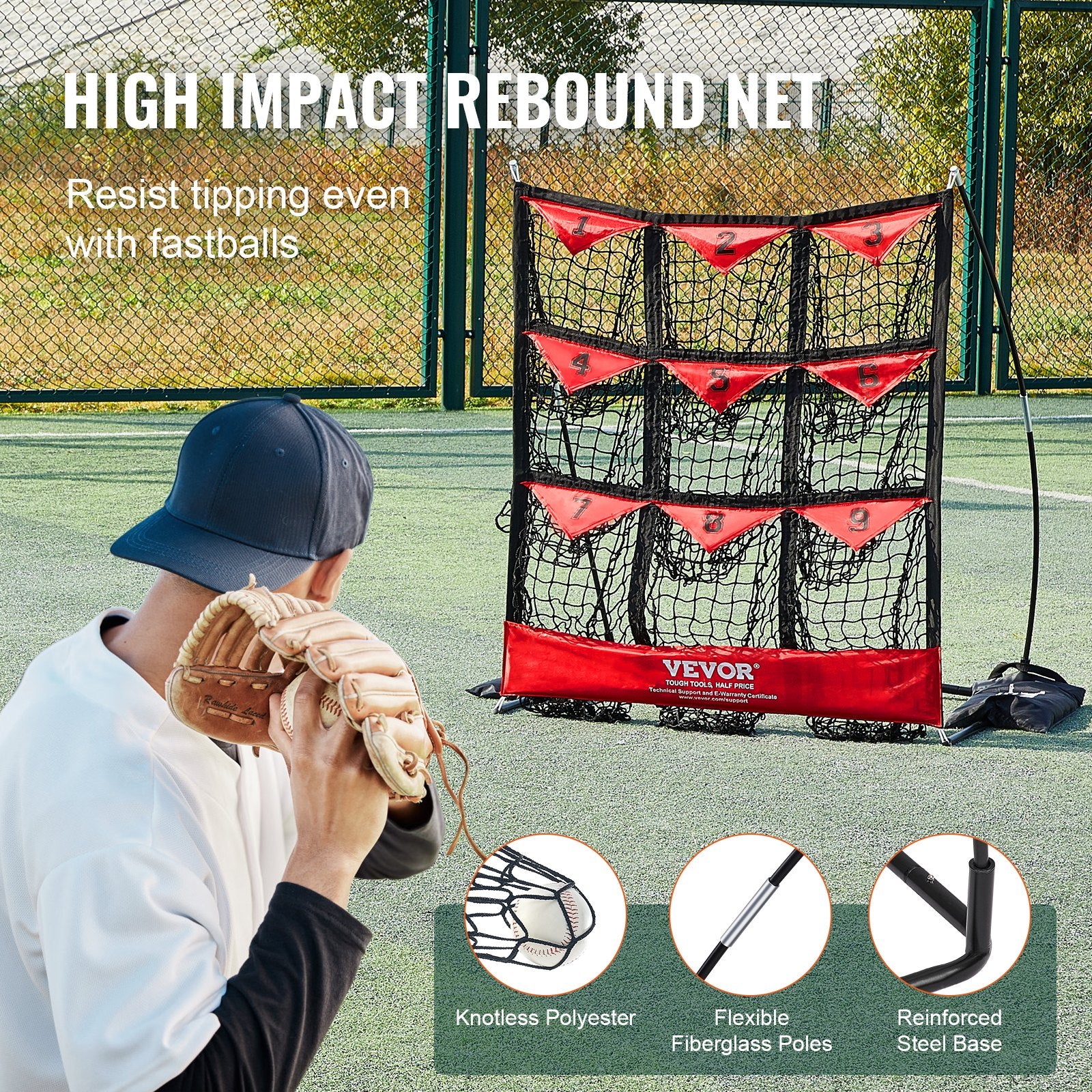 Basketball & Basketball Accessories: VEVOR 9 Hole Baseball Softball Pitching Net 9 Pocket Hitting Practice 49"x42"
