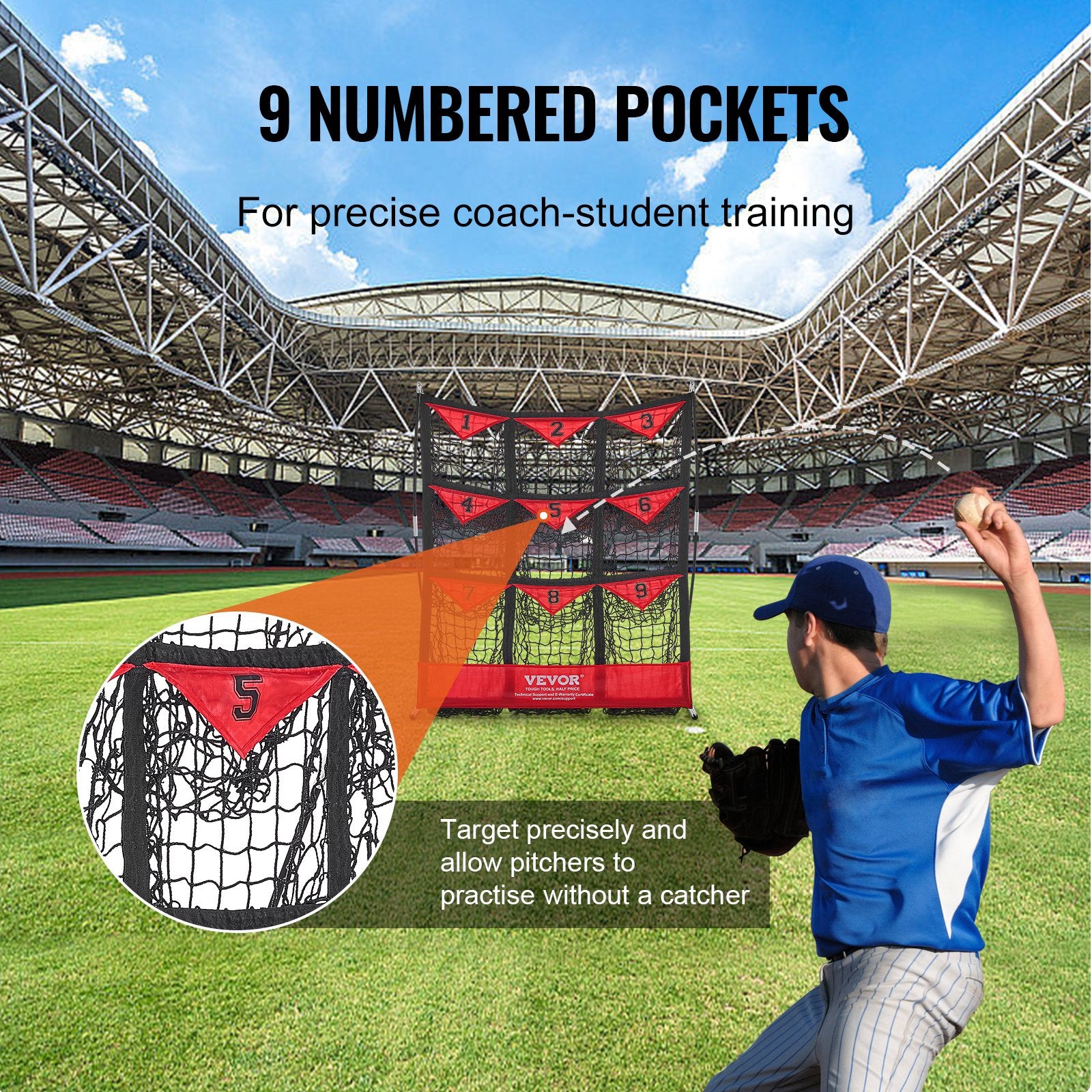 Basketball & Basketball Accessories: VEVOR 9 Hole Baseball Softball Pitching Net 9 Pocket Hitting Practice 49"x42"
