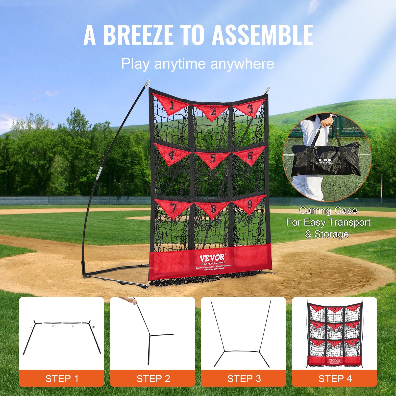 Basketball & Basketball Accessories: VEVOR 9 Hole Baseball Softball Pitching Net 9 Pocket Hitting Practice 49"x42"