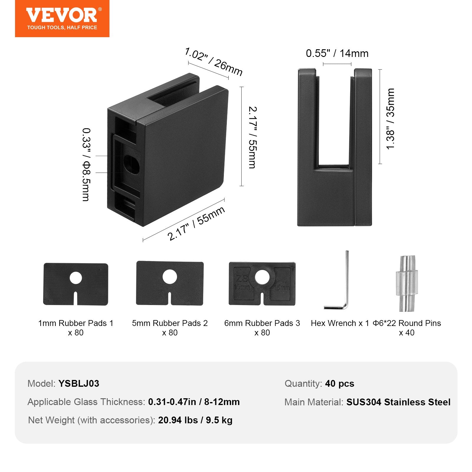 Laundry Baskets: VEVOR Glass Clamp, 40 PCS Square Glass Railing Bracket for 0.31 "-0.47 " Tempered Glass, 304 Stainless Steel Glass Mounting Clamp, Glass Shelf Bracket for Balcony, Garden, Deck, Stair, Black