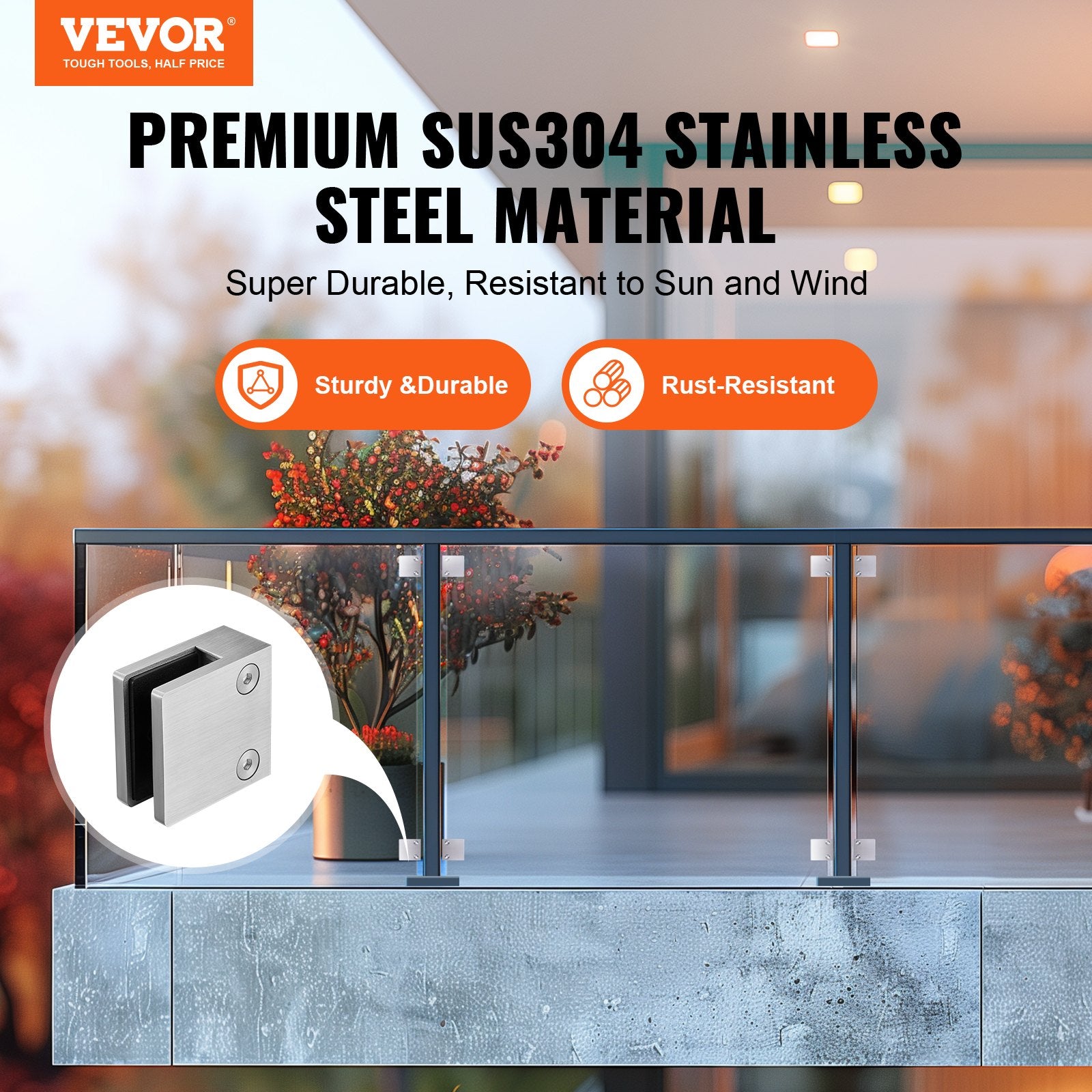 Laundry Baskets: VEVOR Glass Clamp, 4 PCS Square Glass Railing Bracket for 0.31 "-0.47 " Tempered Glass, 304 Stainless Steel Glass Mounting Clamp, Glass Shelf Bracket for Balcony, Garden, Pool, Stair, Silver