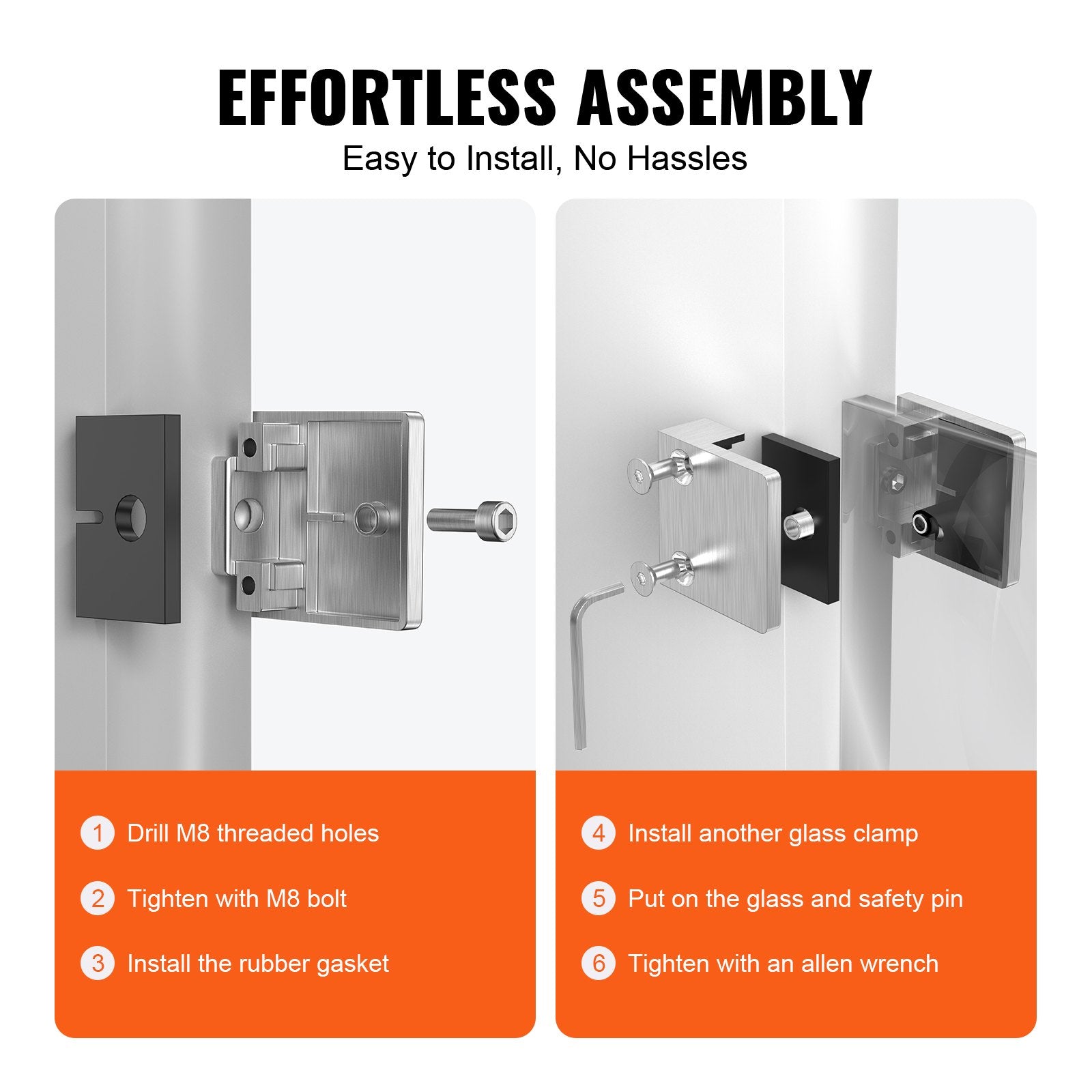 Laundry Baskets: VEVOR Glass Clamp, 4 PCS Square Glass Railing Bracket for 0.31 "-0.47 " Tempered Glass, 304 Stainless Steel Glass Mounting Clamp, Glass Shelf Bracket for Balcony, Garden, Pool, Stair, Silver