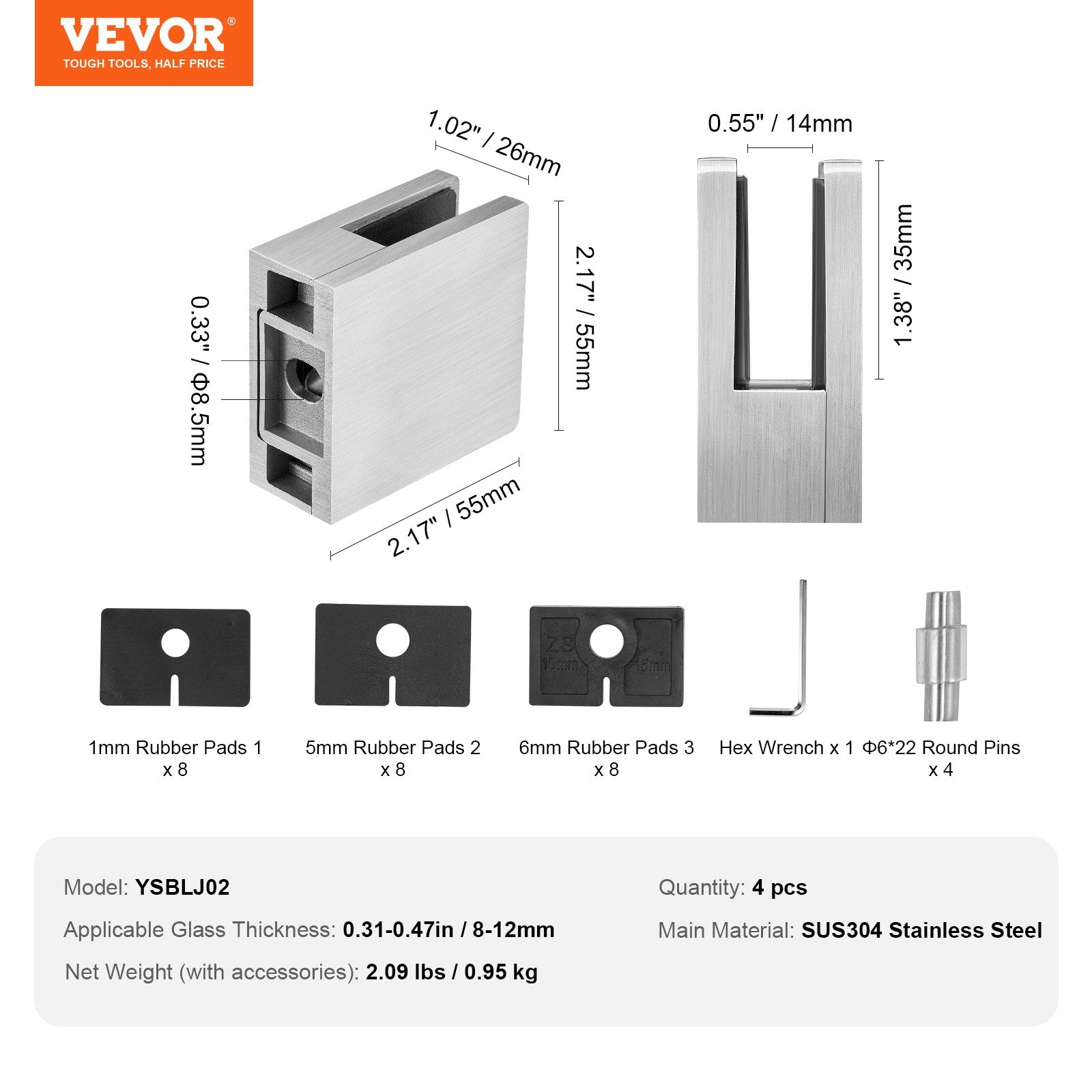 Laundry Baskets: VEVOR Glass Clamp, 4 PCS Square Glass Railing Bracket for 0.31 "-0.47 " Tempered Glass, 304 Stainless Steel Glass Mounting Clamp, Glass Shelf Bracket for Balcony, Garden, Pool, Stair, Silver