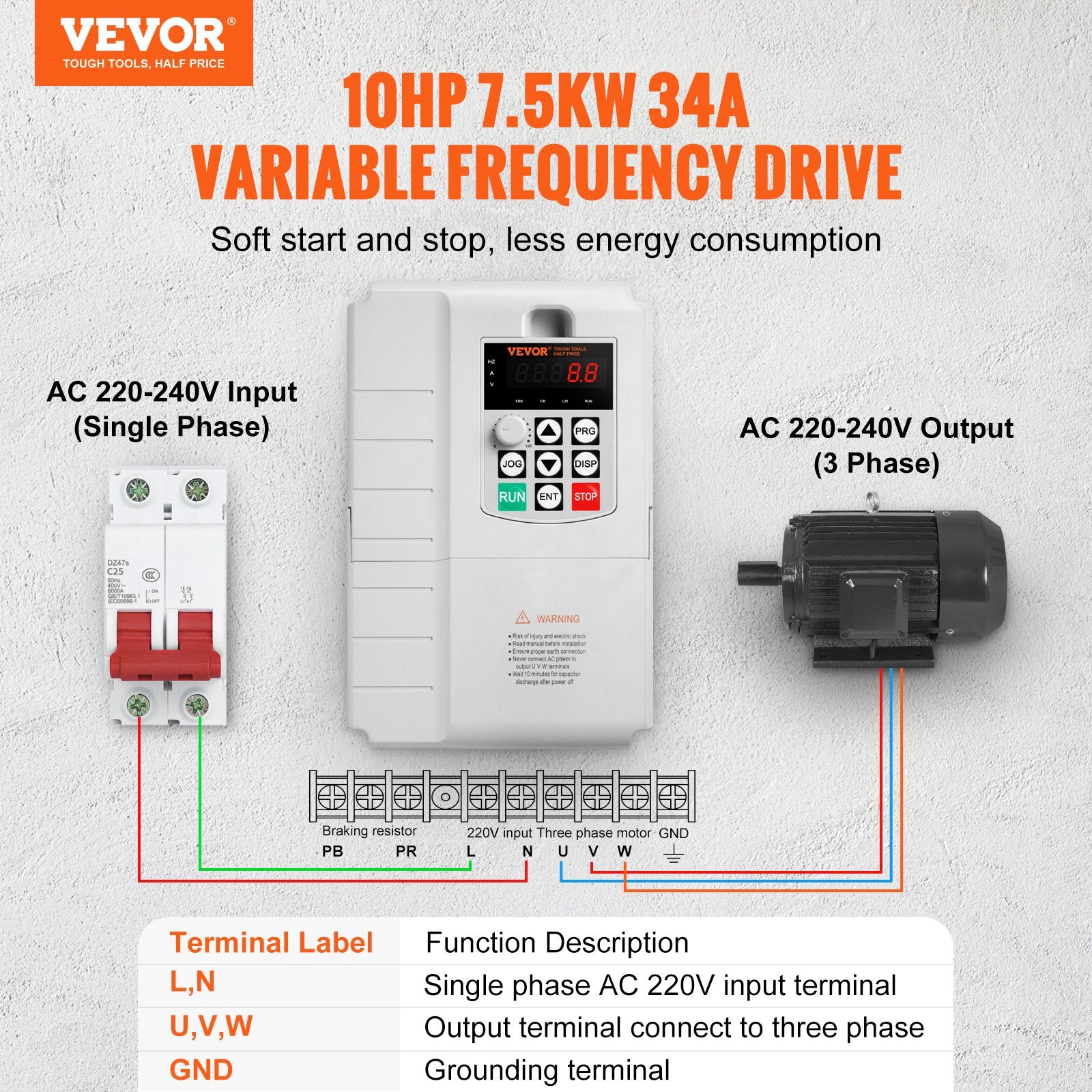 Hard Drives: VEVOR VFD 10HP, 7.5KW, 34A, 1 Phase 220V-240V Input to 3 Phase 220V-240V Output Variable Frequency Drive, 0-400Hz VFD for AC Motor Speed Control