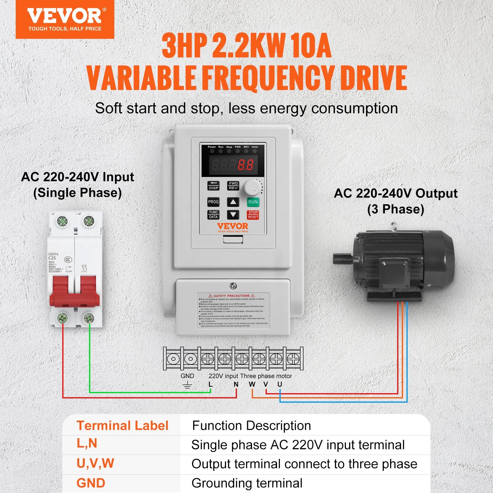 Fuel & Exhaust: VEVOR VFD 2.2KW 10A 3HP Variable Frequency Drive for 3-Phase Motor Speed Control