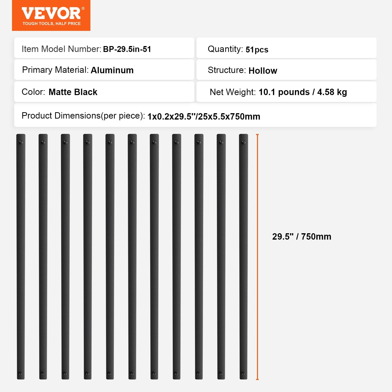 Building Toys: VEVOR Staircase Metal Balusters, 29.5'' x 1'' Flat Aluminum Alloy Decorative Banister Spindles, 51 Pack Deck Baluster with Screws, Classic Hollow Deck Railing Satin Black Powder Coated for Porch