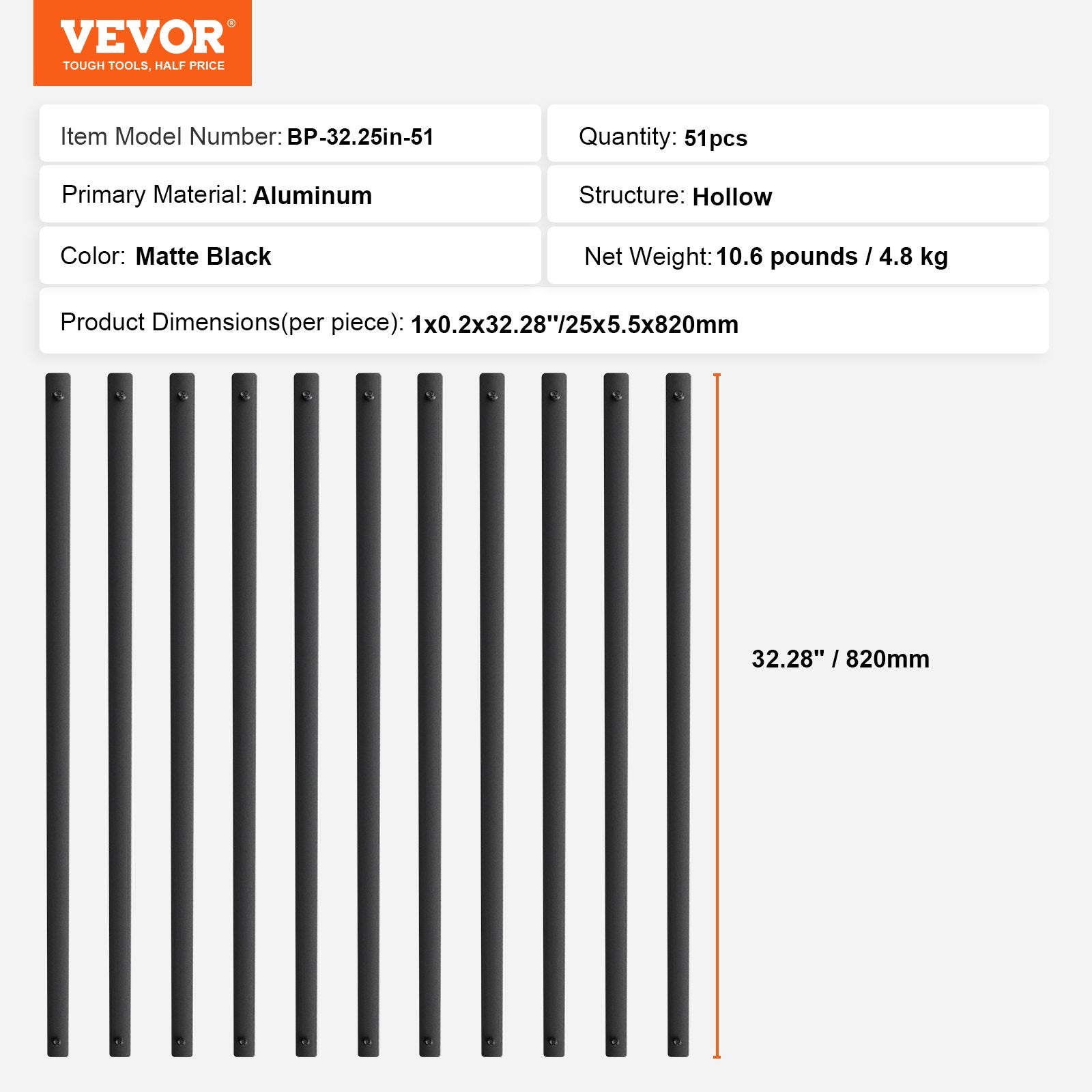Garden Ornaments: VEVOR Staircase Metal Balusters, 32.28"x1"x0.2" Flat Aluminum Alloy Decorative Banister Spindles, 51 Pack Deck Baluster with Screws, Classic Hollow Deck Railing Satin Black Powder Coated for Porch