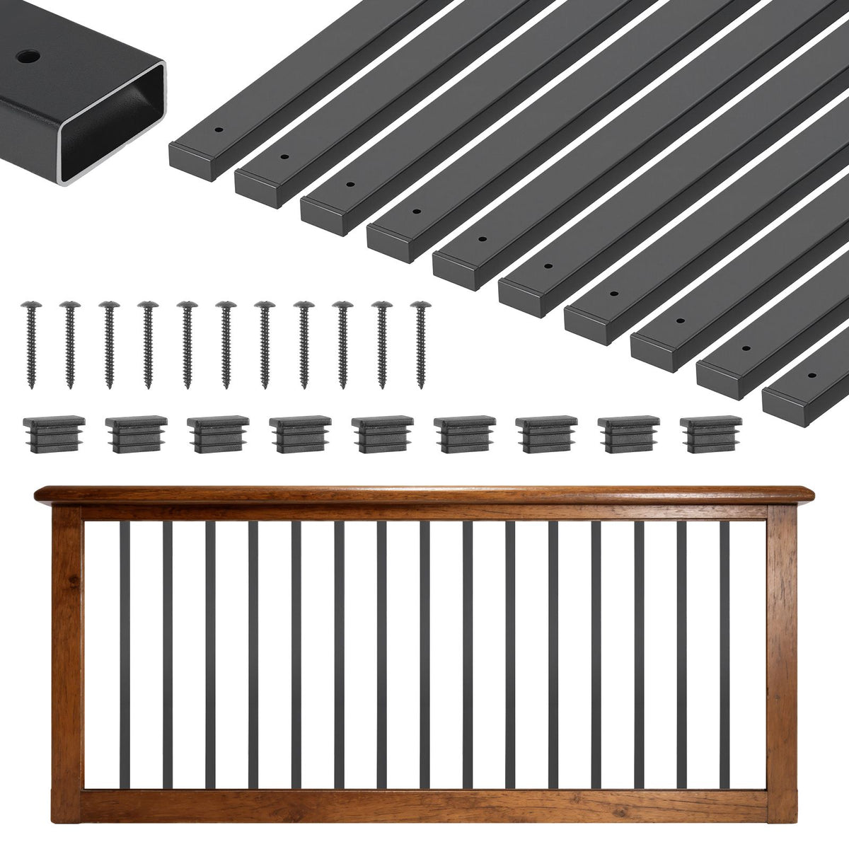 61 Pack Deck Balusters, 82 cm Galvanized Steel Railing Spindles, Hollow Rectangle Metal Decking Stair Balusters with Pre-Drilled Hole, End Caps, Screws, for Deck, Porch & Stair Railing, Black