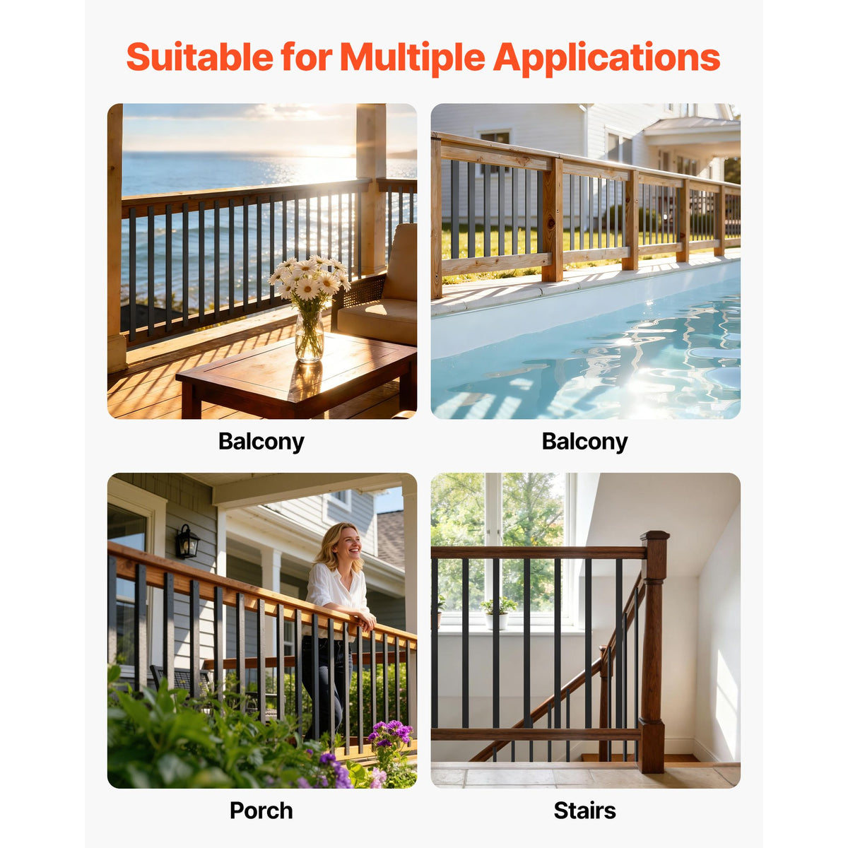61 Pack Deck Balusters, 82 cm Galvanized Steel Railing Spindles, Hollow Rectangle Metal Decking Stair Balusters with Pre-Drilled Hole, End Caps, Screws, for Deck, Porch & Stair Railing, Black