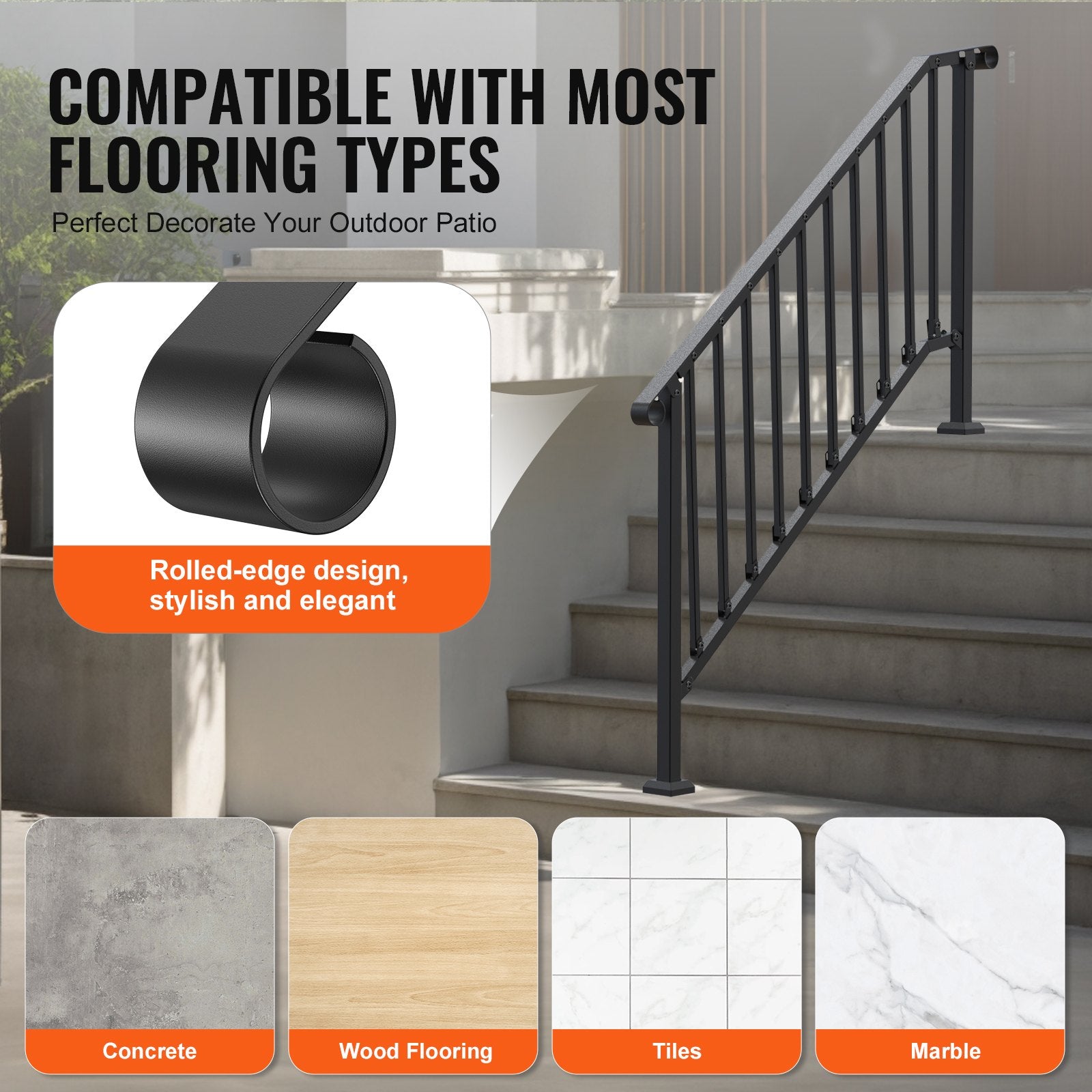 Handrails for Outdoor Steps, 5 Step Stair Hand Rail Kit, Transitional Carbon Steel Railings with Installation Kit, Stair Rails for Seniors, Concrete Steps & Porch & Deck, Black Retro Arch