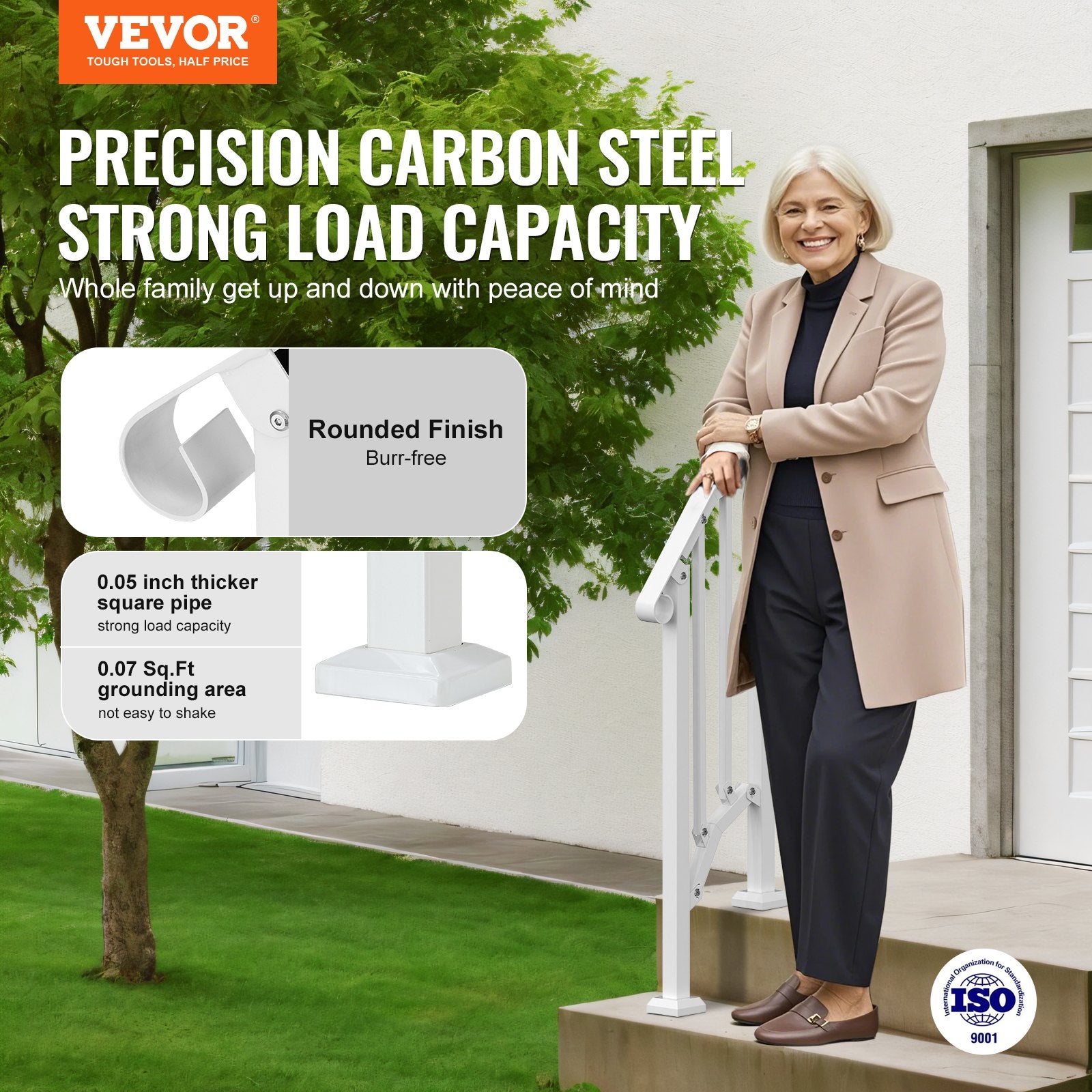 Mobility & Accessibility: VEVOR Handrails for Outdoor Steps, 1-2 Step Stair Hand Rail Kit, Transitional Carbon Steel Railings with Installation Kit, Stair Rails for Seniors, Concrete Steps & Porch & Deck, White Retro Arch