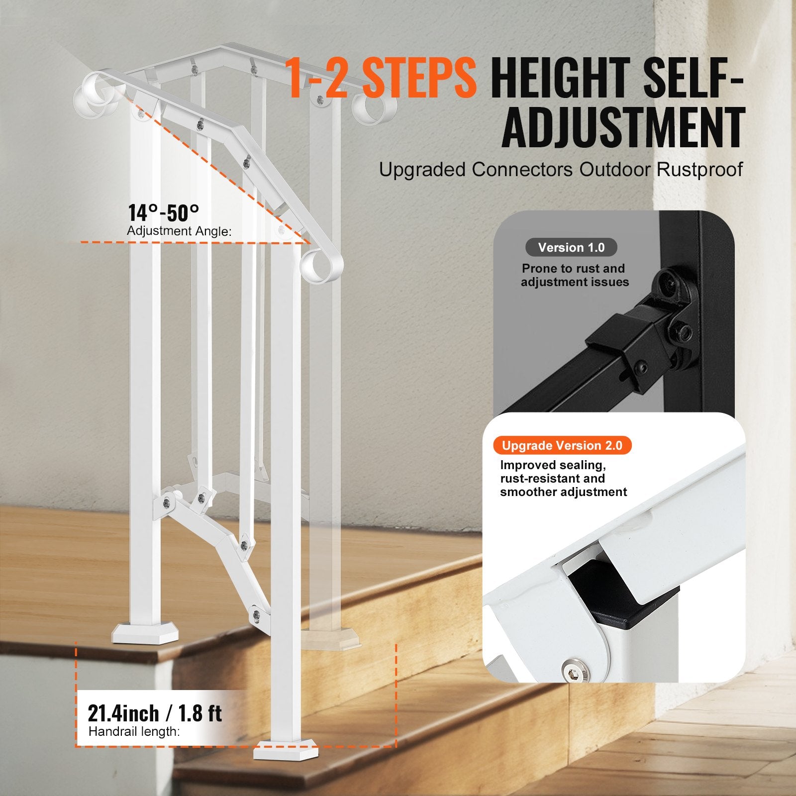 Mobility & Accessibility: VEVOR Handrails for Outdoor Steps, 1-2 Step Stair Hand Rail Kit, Transitional Carbon Steel Railings with Installation Kit, Stair Rails for Seniors, Concrete Steps & Porch & Deck, White Retro Arch